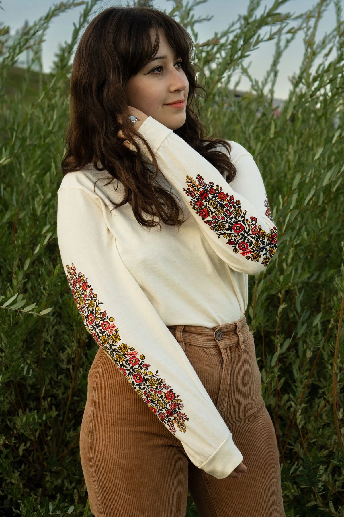 Folk Flowers Long Sleeve Printed T-Shirt for Women - Soft Cotton Crewneck Top with Floral Design in Cream Color | Casual Wear, Spring Outfits, Boho Style Fashion