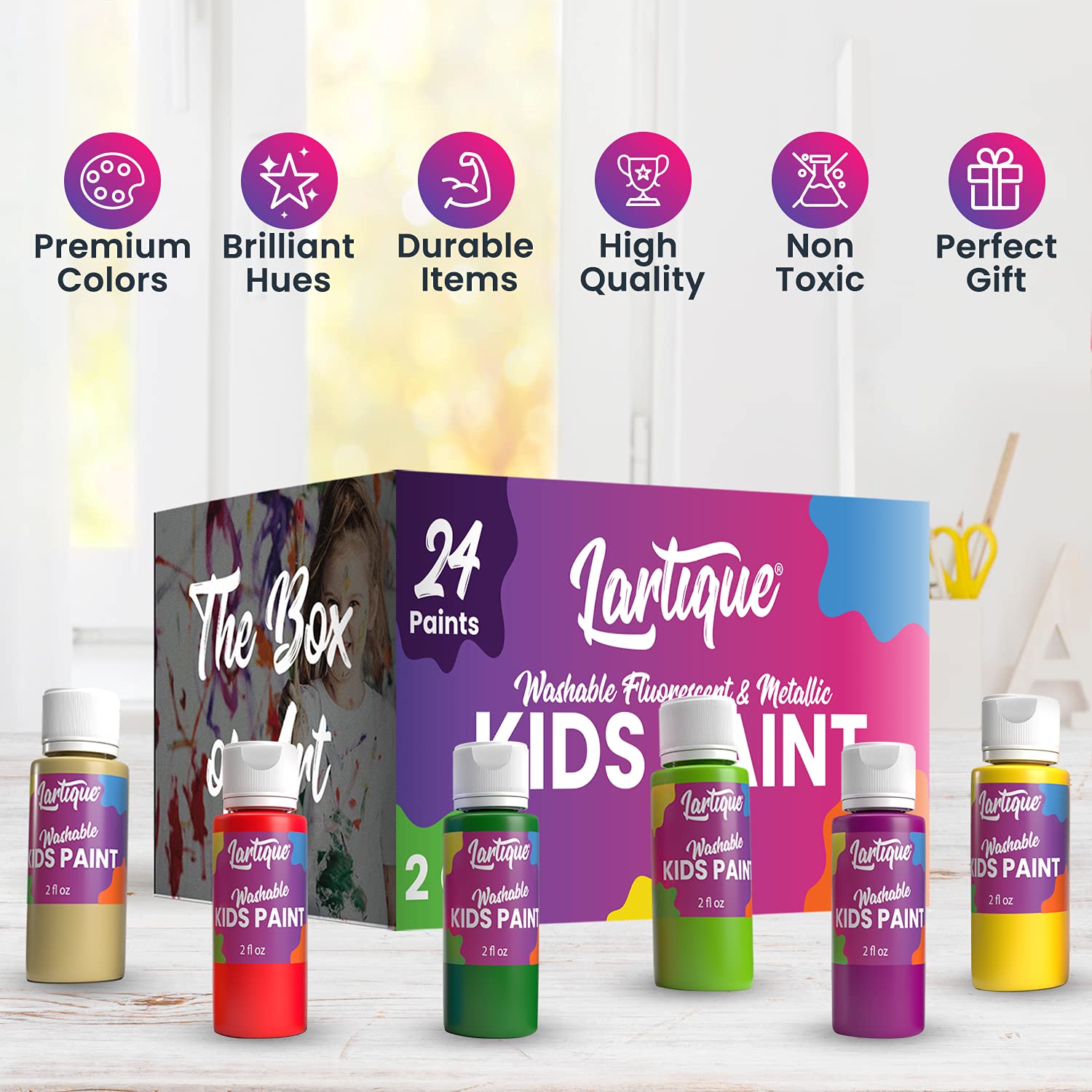 Washable Kids Paint Set - 24 Colors Non-Toxic Finger Paint (Regular, Fluorescent & Metallic) | 2oz Bottles | Safe Tempera Paint for Children | Made in USA | Perfect for Art Projects, Classroom Activities & DIY Crafts
