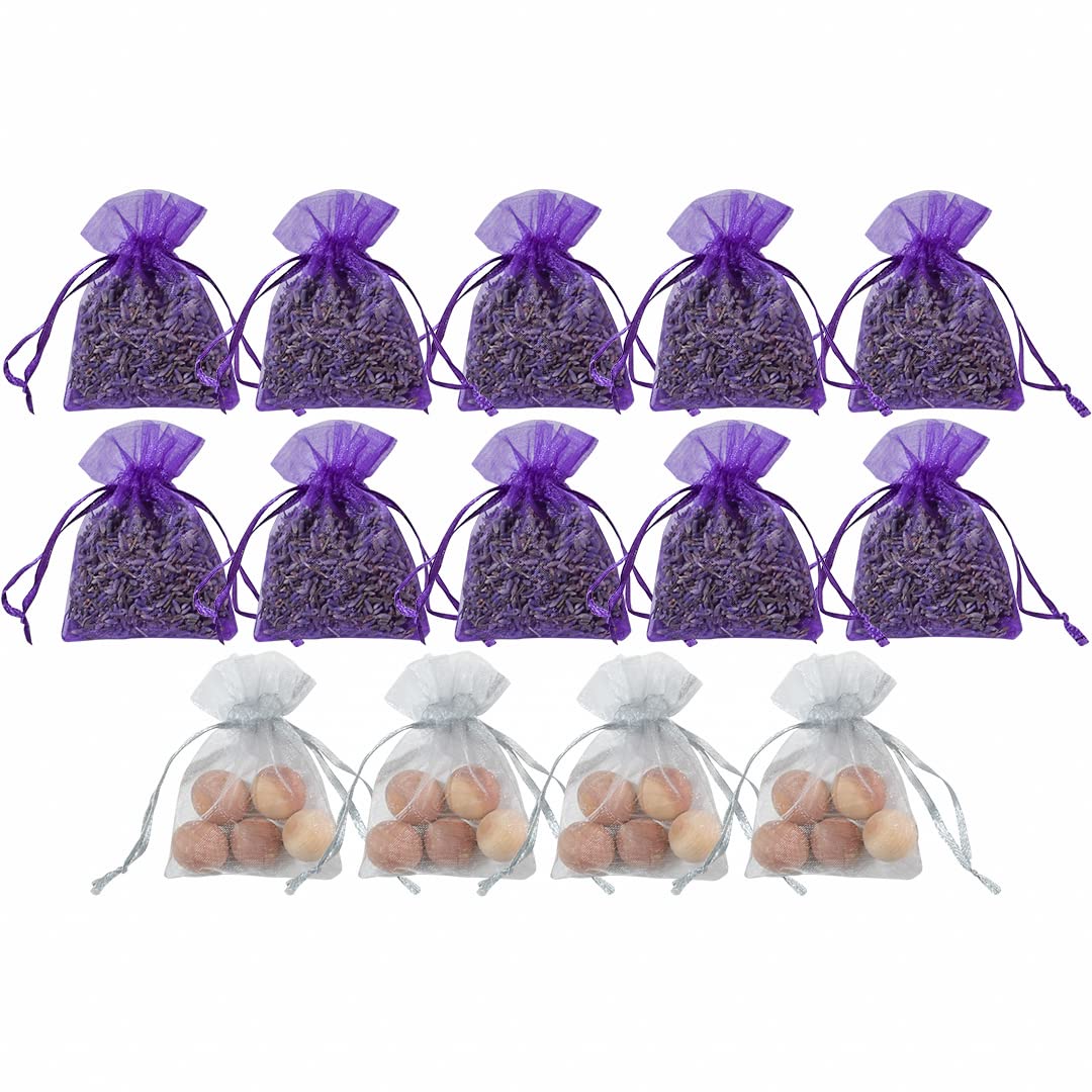 10 Lavender Sachets & 4 Cedar Bags - Natural Home Fragrance for Drawers, Closets & Wardrobes | Dried Lavender Flowers & Cedar Balls | Fresh Scent Gift Set (Pack of 14) | Perfect for Home, Office & Travel Storage Organization