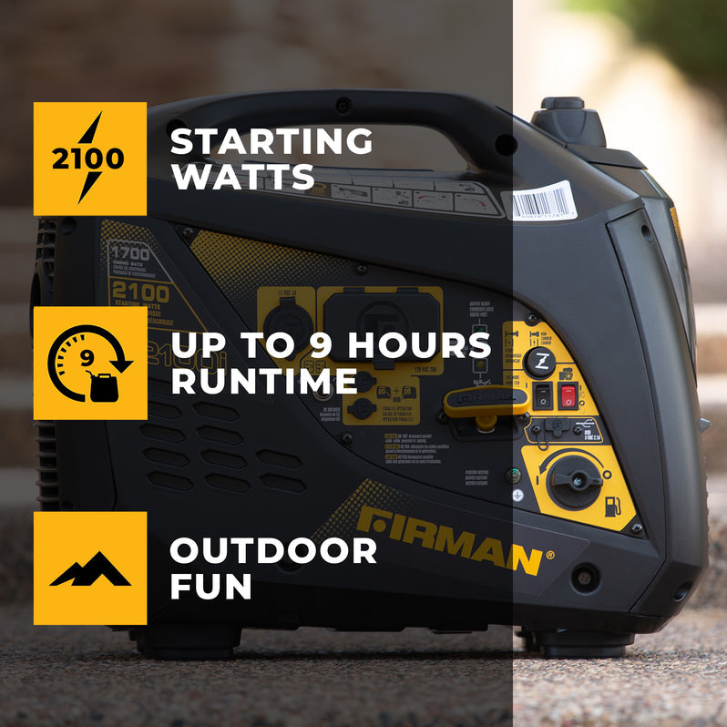 Firman W01782 1700W/2100W Portable Inverter Generator with Recoil Start - Quiet Gas Powered Generator for Camping, RV, Outdoor & Emergency Power Backup
