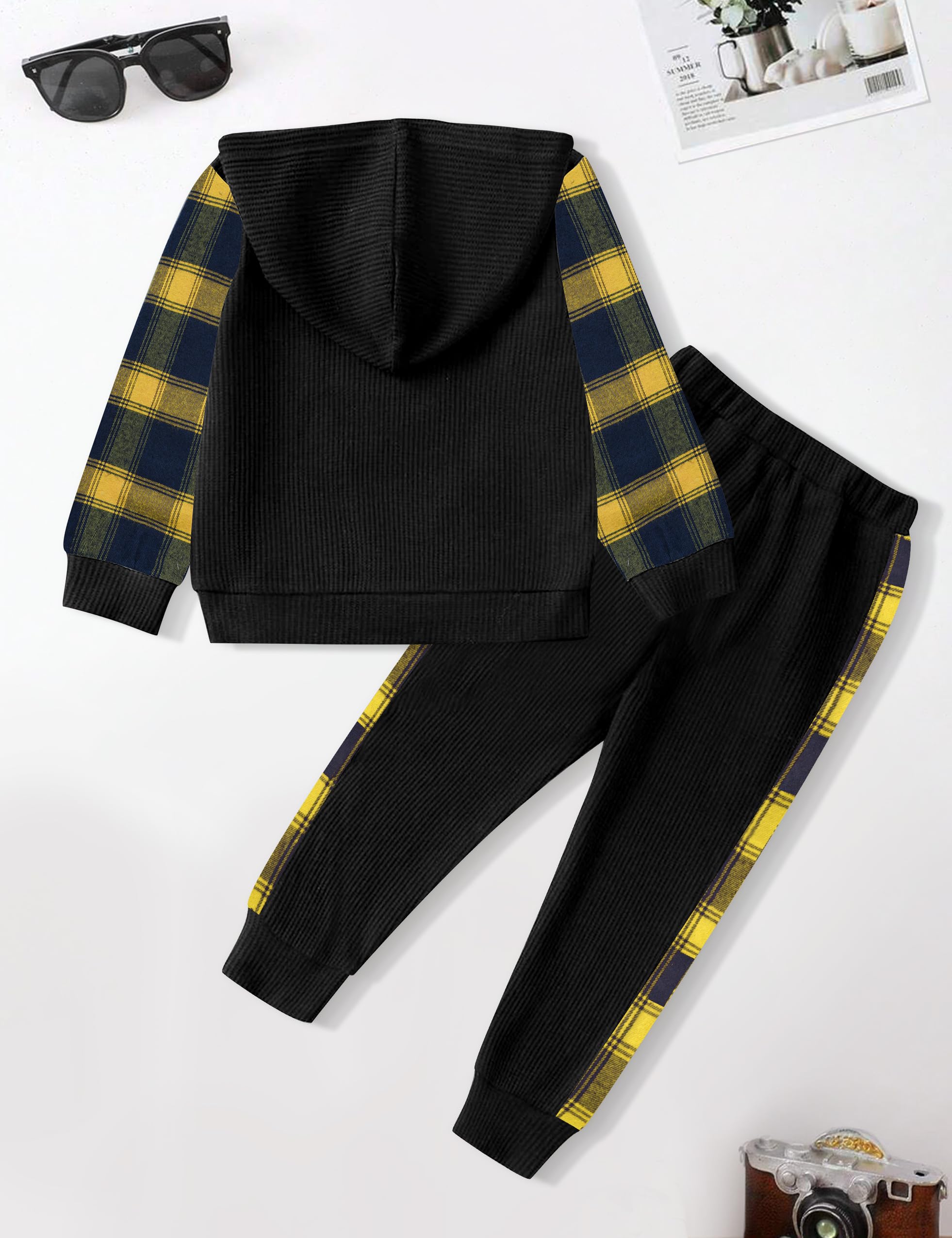Boys' Waffle Plaid Hoodie & Patchwork Casual Pants 2-Piece Set with Pockets | Warm Toddler Winter Outfits for Playdates & Outdoor Adventures