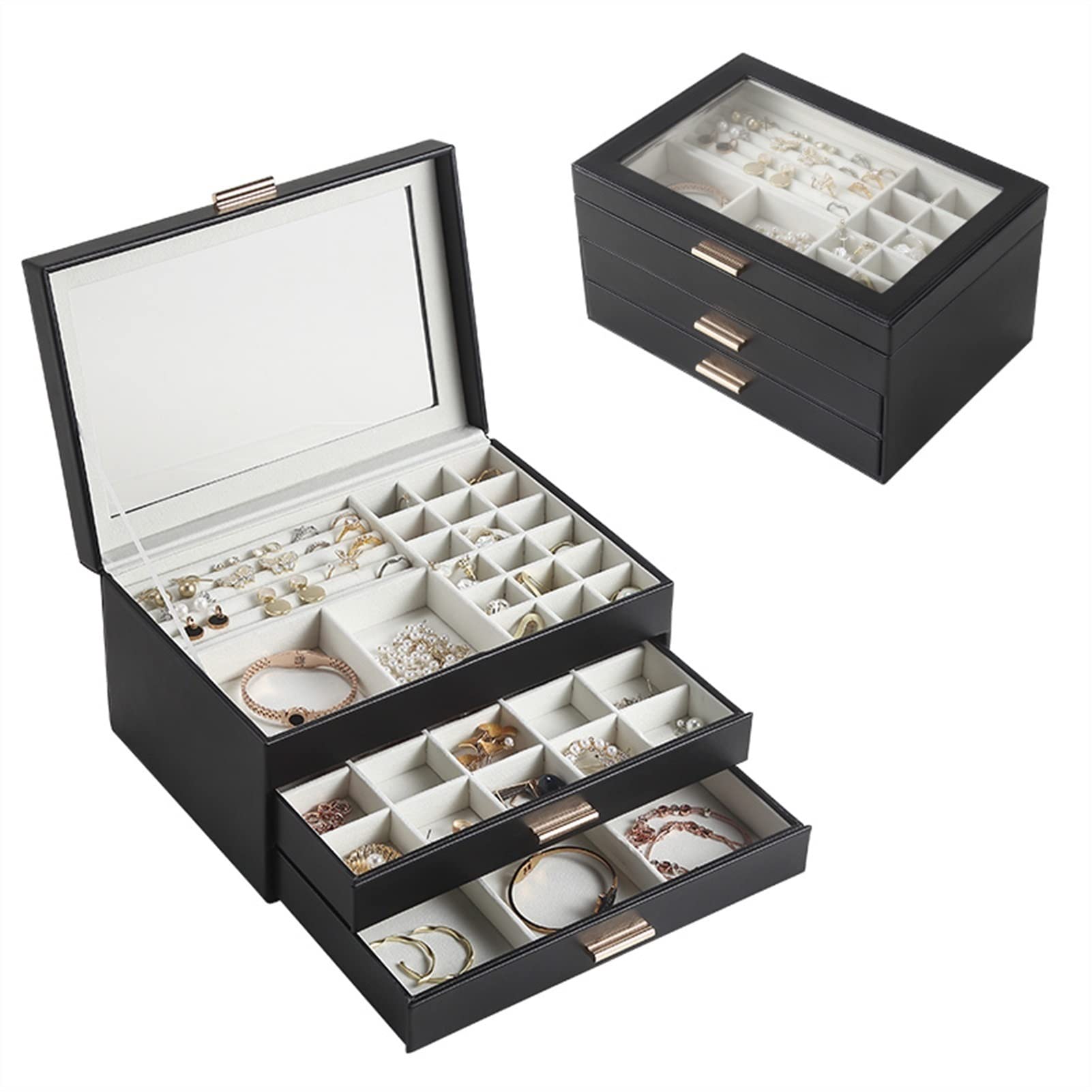 Premium PU Leather Jewelry Organizer Box for Women - Large Capacity Travel Jewelry Case with Display Window, Multi-Functional Storage Organizer for Earrings, Necklaces & Rings | Perfect for Home, Travel & Gift Giving (Color A)