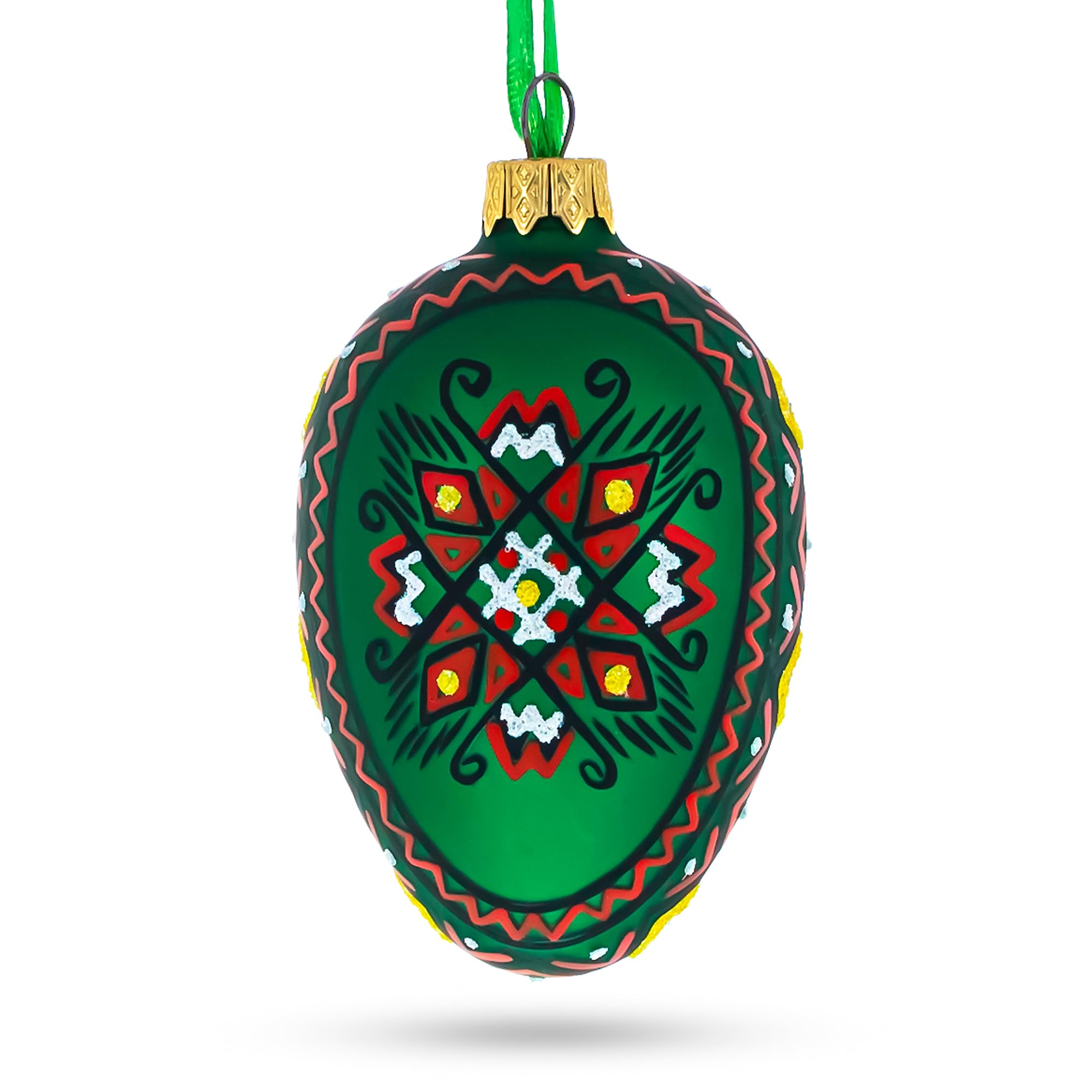Handmade Green Geometric Ukrainian Egg Glass Christmas Ornament - 4 Inch Holiday Tree Decoration for Xmas, Easter & Home Décor