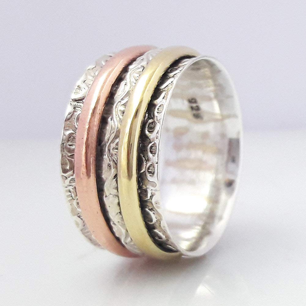 925 Sterling Silver Rose Gold Spinner Ring - Handmade Hammered Meditation & Worry Ring for Stress Relief, Boho Chunky Textured Jewelry | Perfect for Anxiety Relief, Fidgeting, Mindfulness Practice & Stylish Everyday Wear