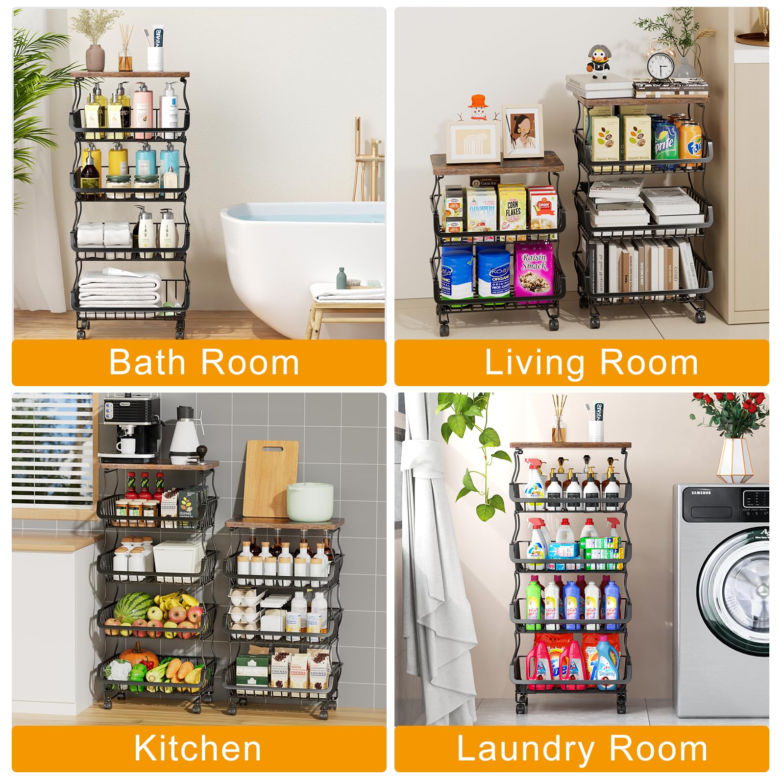 5-Tier Stackable Metal Wire Fruit & Vegetable Storage Basket with Wheels - Kitchen, Pantry & Bathroom Organizer for Fresh Produce, Snacks & Toiletries | Perfect for Home, Office & Dorm Organization