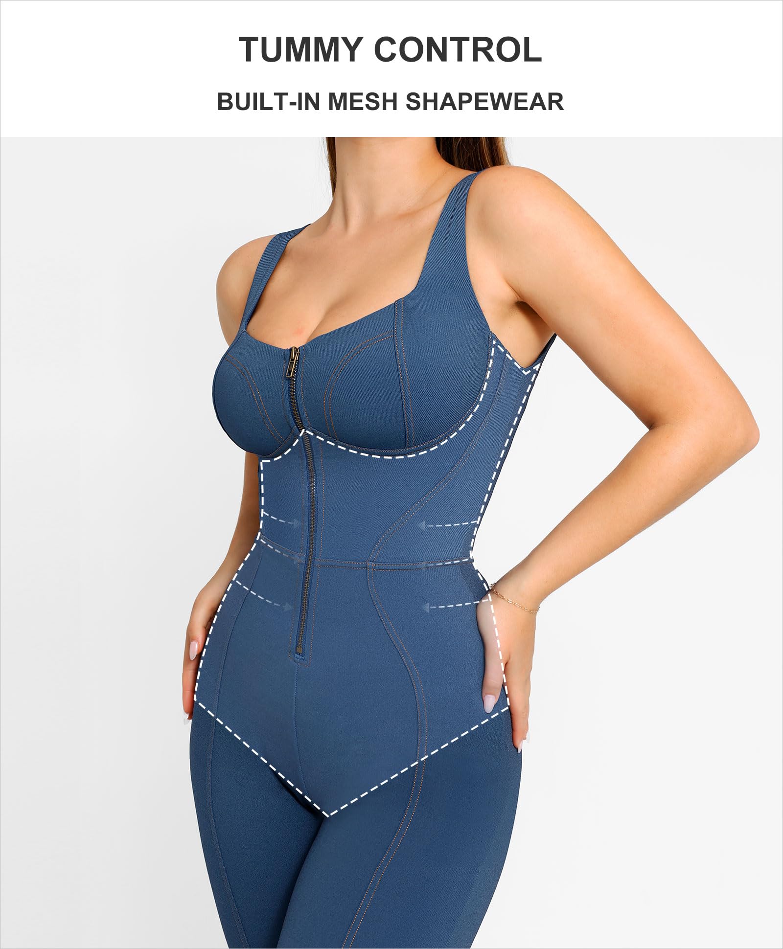 Popilush Shapewear Jumpsuit for Women - Faux Denim Bodysuit with Tummy Control & Built-in Shapewear | Slimming Jean Romper for Everyday Wear, Date Night & Special Occasions