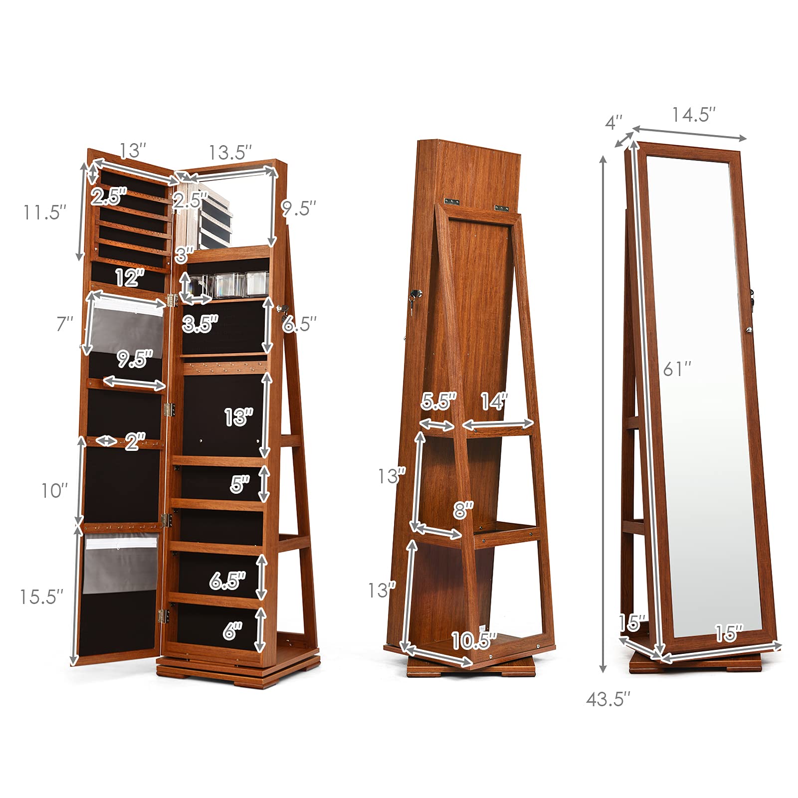 360° Rotating Jewelry Armoire with Full-Length Mirror & Lockable Makeup Organizer - Standing Jewelry Cabinet for Rings, Earrings & Cosmetics (Brown) | Perfect for Bedroom, Dressing Room & Gift Giving