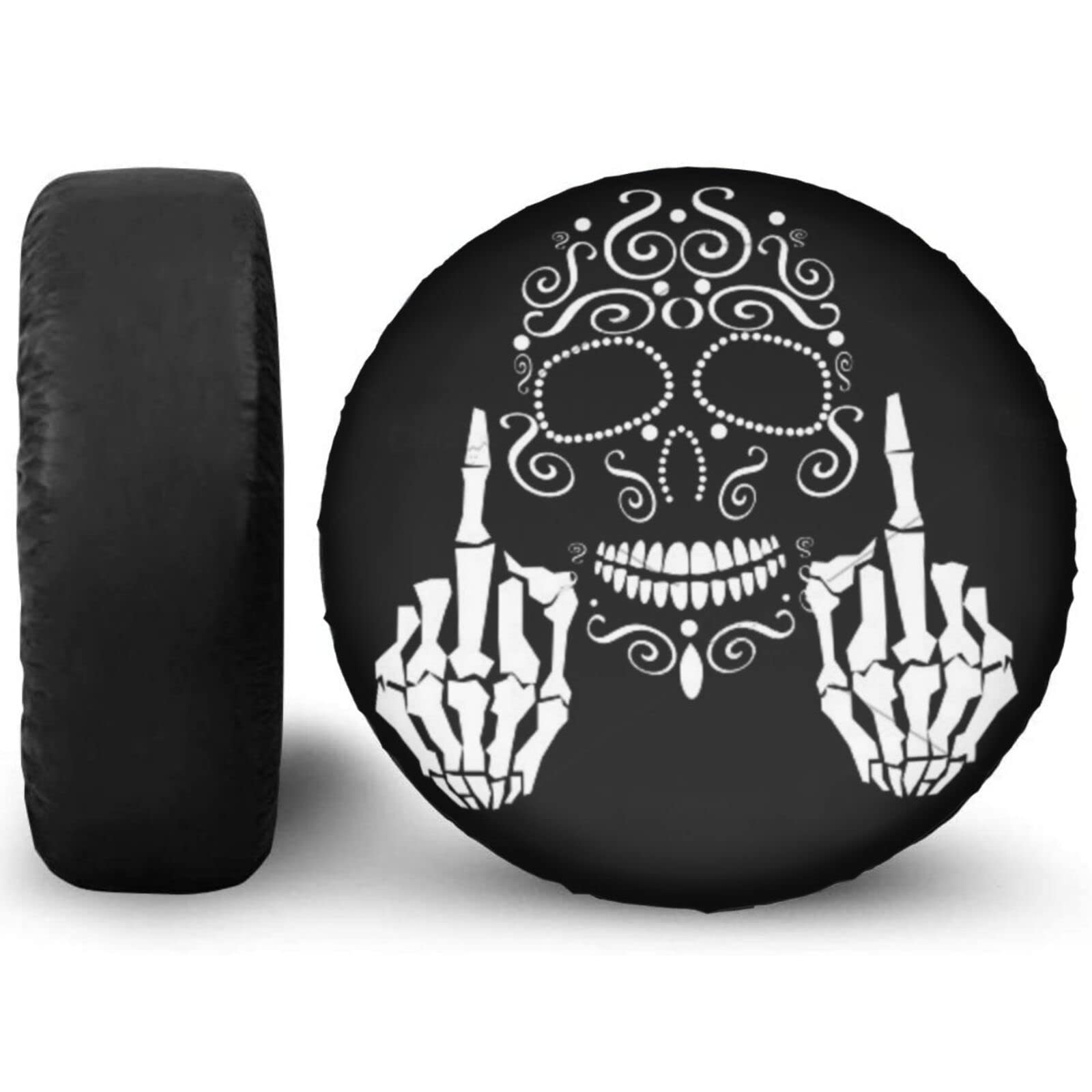Black & White Skull Spare Tire Cover - Dustproof Wheel Protector for Trailers, RVs, SUVs (Fits 14-17 Inch Tires) - Perfect for Off-Road Adventures & Camping Trips