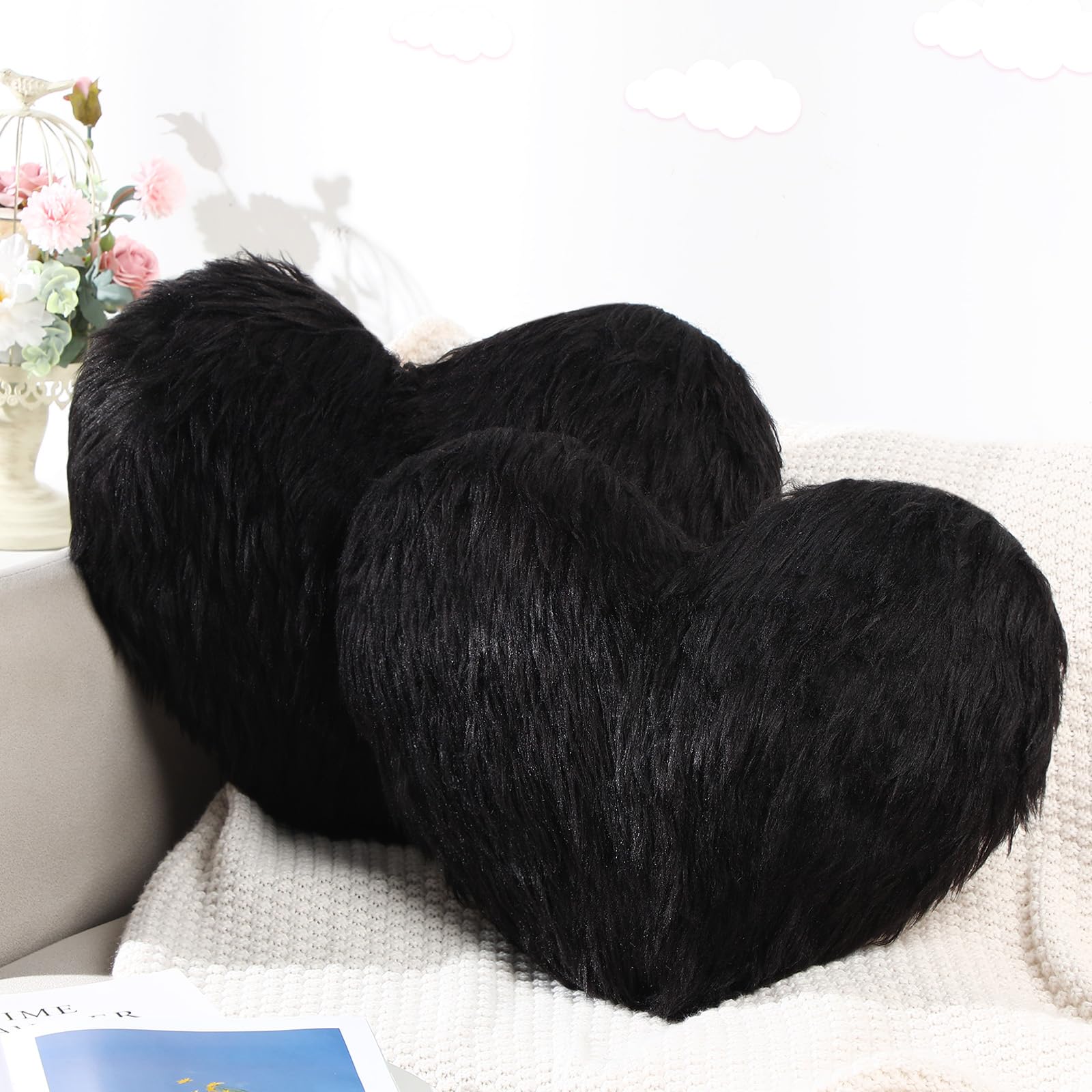 Enhon 2 Pack Fluffy Heart Shaped Pillows - 20x15.7 Inch Soft Faux Fur Throw Pillows with Insert for Valentine's Day, Wedding Decor, Bedroom, Living Room, Sofa & Office - Decorative Love Cushions (Black)
