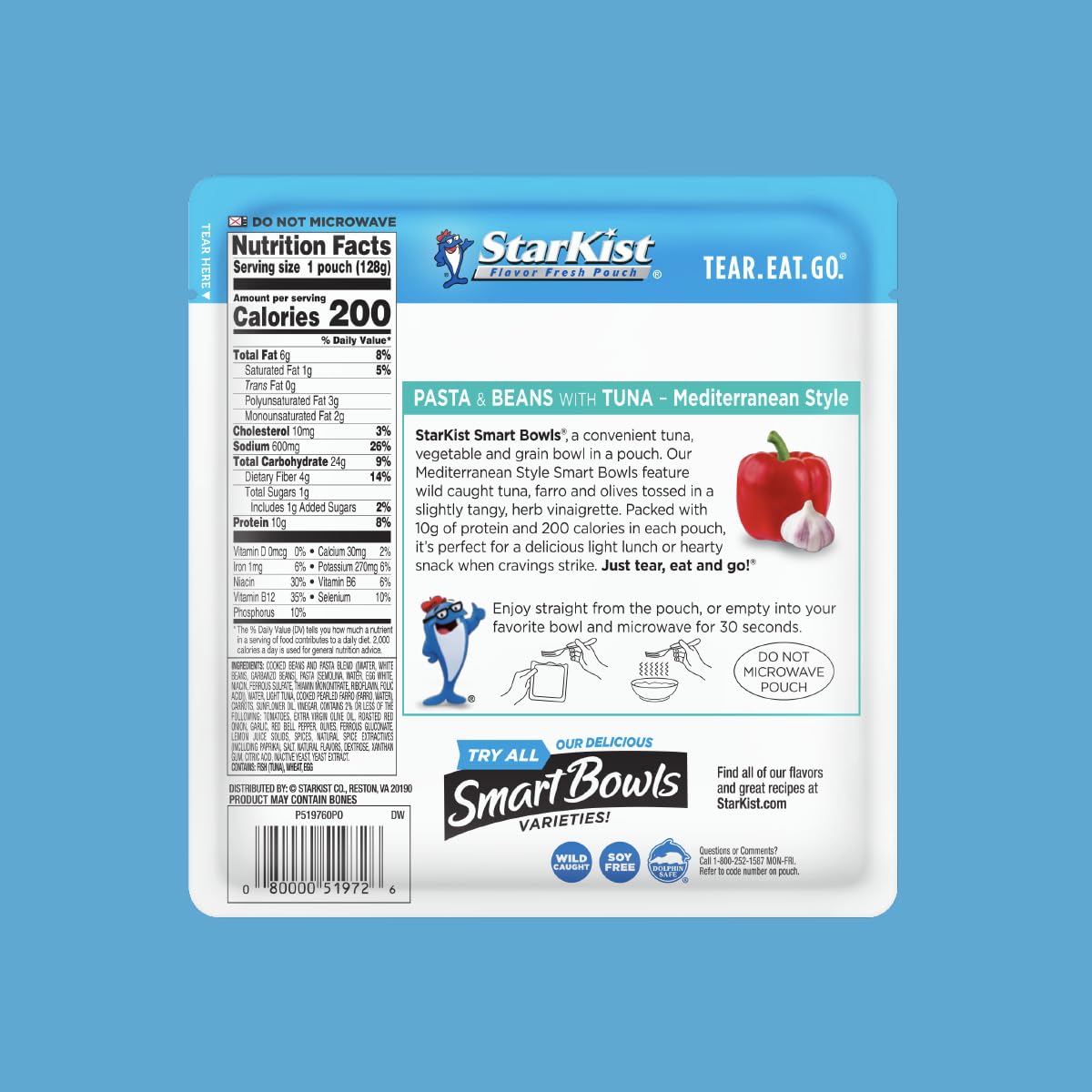 StarKist Smart Bowls Mediterranean Style Tuna with Pasta & Beans - 4.5 oz Pouch | Ready-to-Eat Protein Meal for Office Lunch, Camping & Quick Healthy Snacks