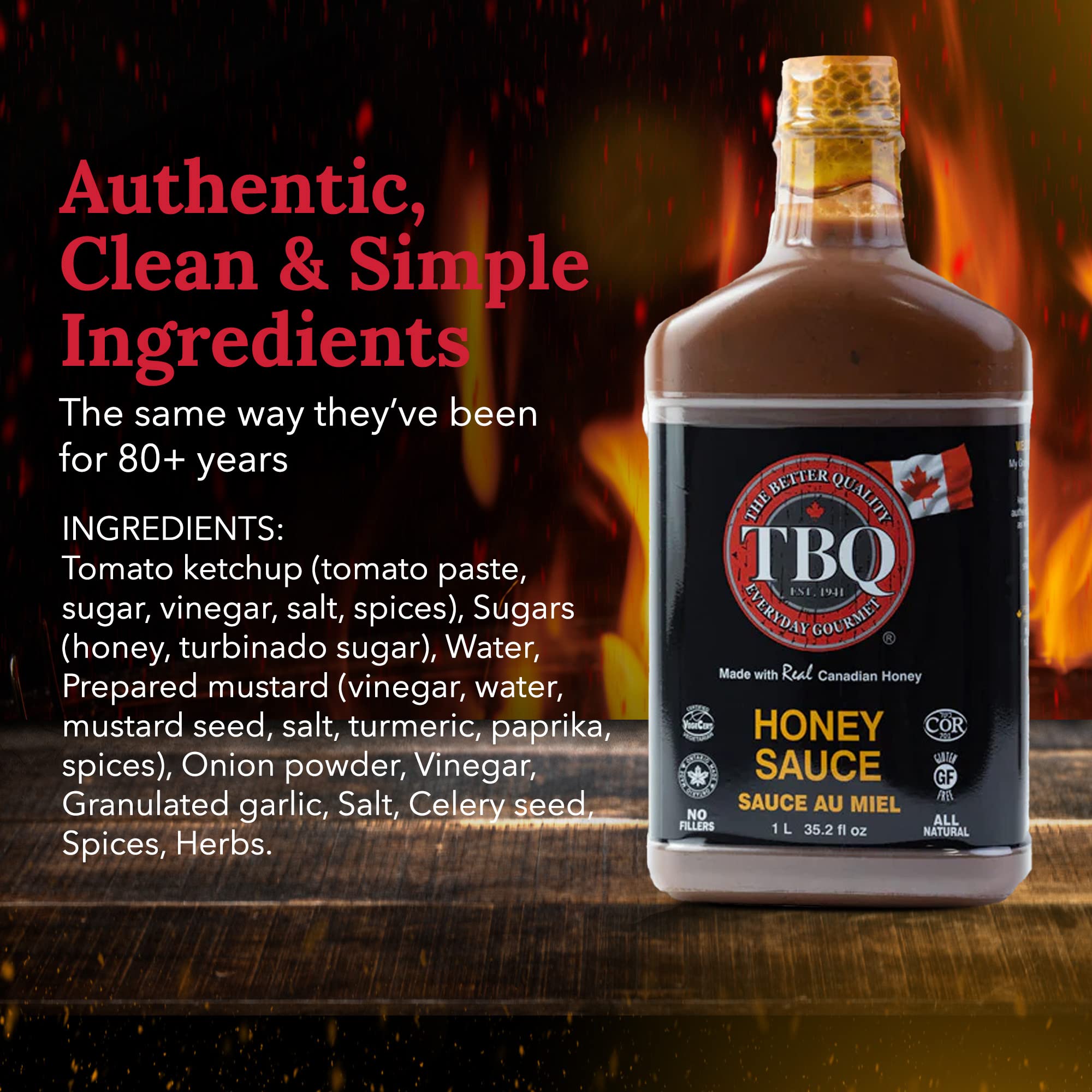 TBQ – Honey Barbecue Sauce | Vegan Honey Hot BBQ Sauce | Kosher & MSG-Free Marinade for Salmon, Ribs, Vegetables | Made with Real Canadian Honey | 1L (35.2 fl oz) | Perfect for Grilling, Roasting & Dipping