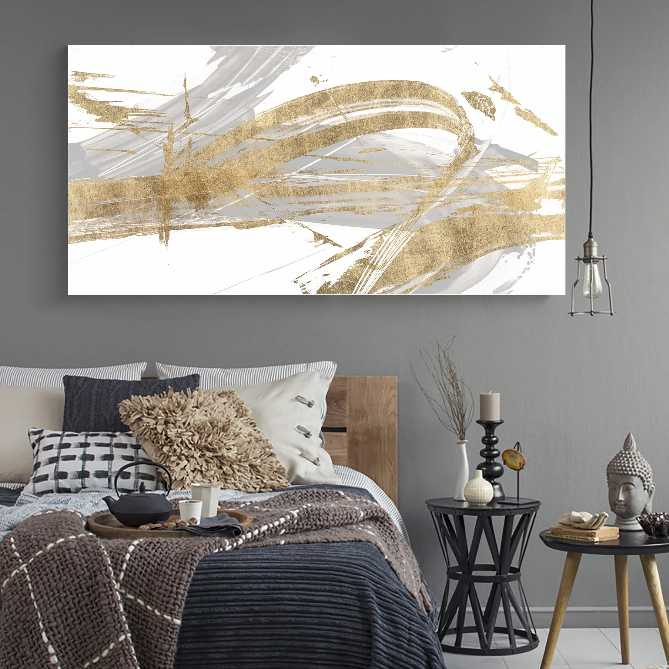 Abstract Wall Art Canvas Print - Grey & Gold Line Modern Framed Painting 24x48 inches (60x120cm) for Living Room, Bedroom, Office & Bathroom Decor | Contemporary Home Artwork for Stylish Interior Design