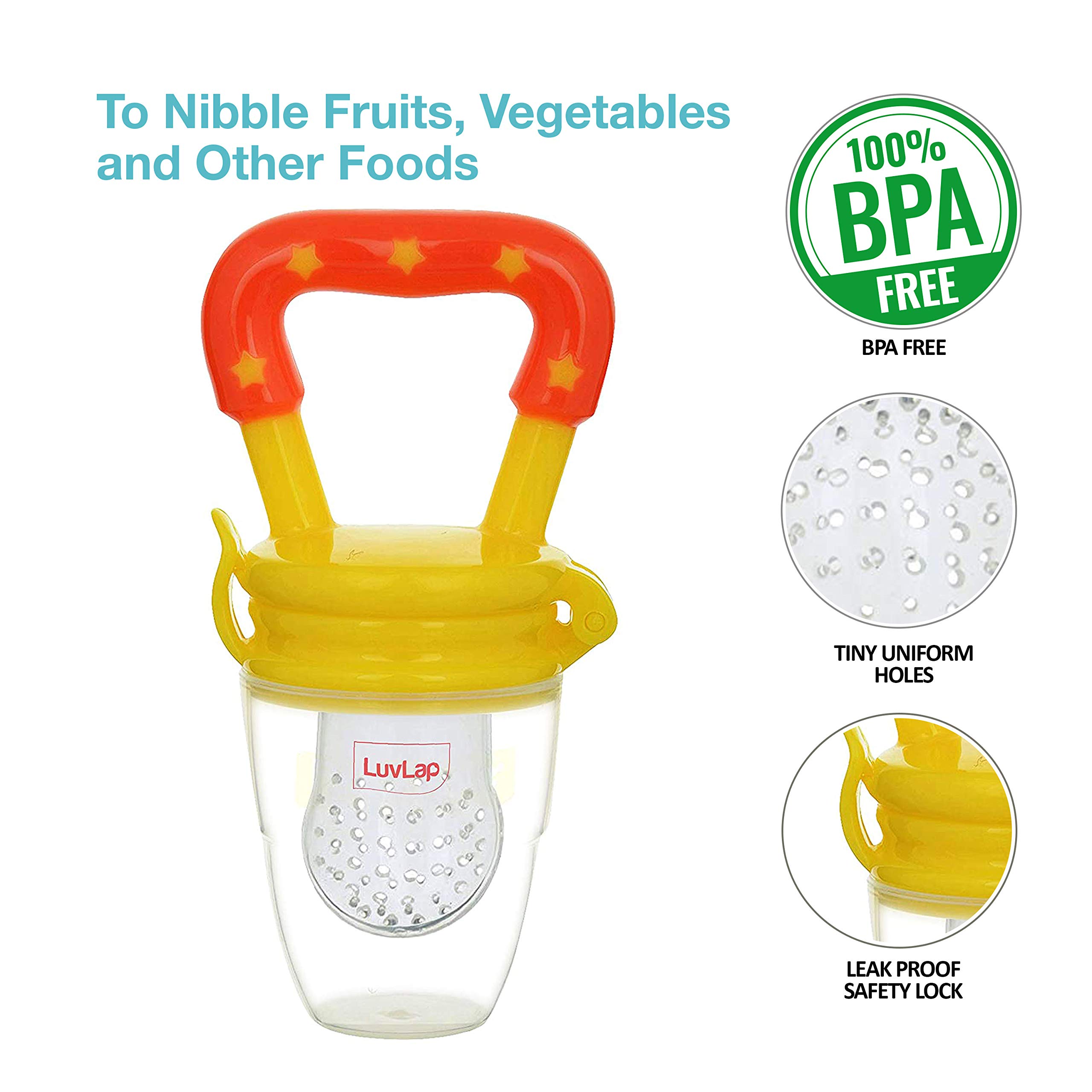 LuvLap Bunny Silicone Baby Food & Fruit Nibbler with Extra Mesh - Soft Pacifier Feeder & Heat Sensitive Feeding Spoons Set (Blue & Yellow) - Perfect for Teething Babies & First Solid Foods - Ideal for Home, Travel & Daycare Use