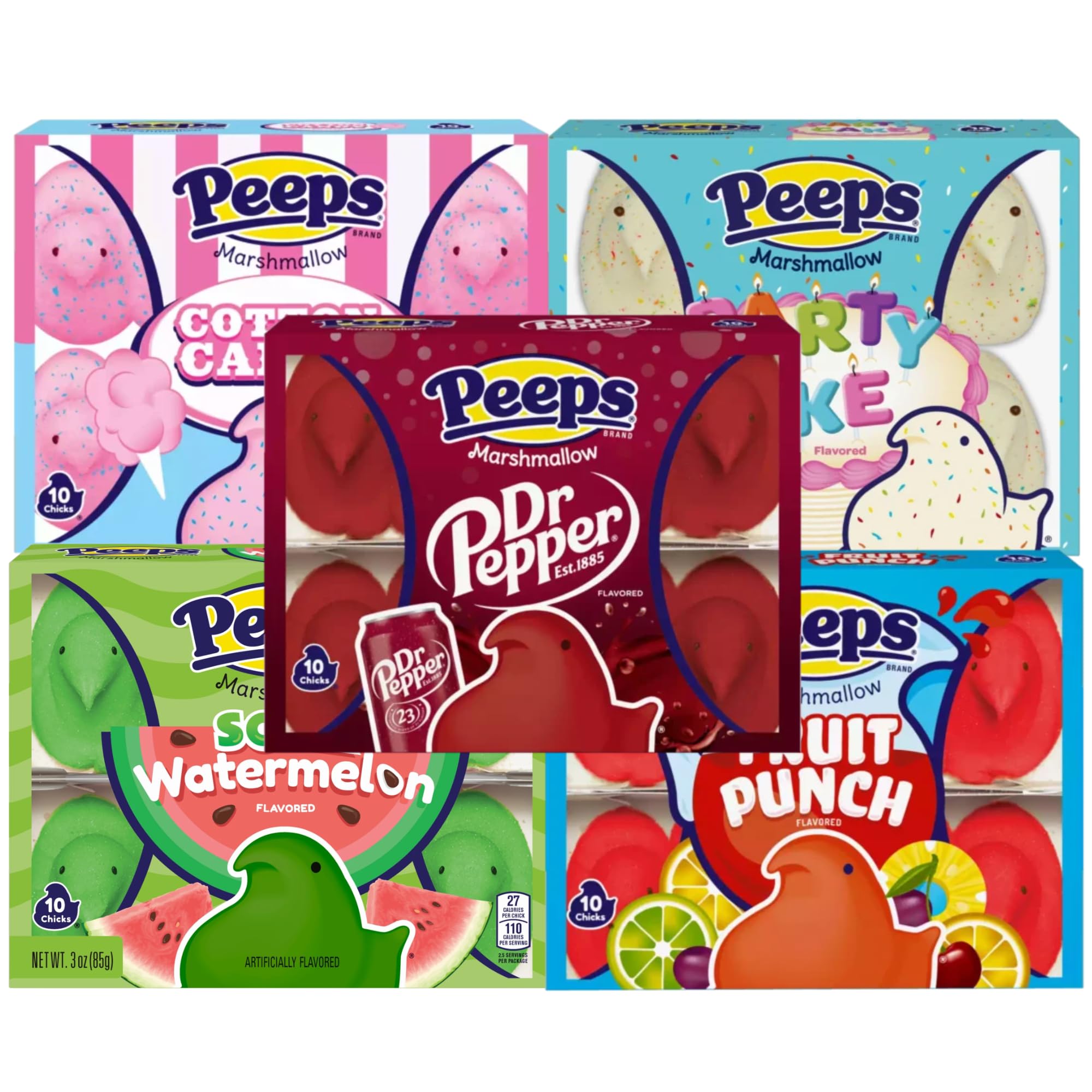 Needzo Easter Marshmallow Candy Variety Pack - 10 Count Cotton Candy, Dr. Pepper, Fruit Punch, Party Cake & Sour Watermelon Flavors - 3oz Bags (Pack of 5) - Perfect for Easter Baskets, Party Favors & Holiday Treats