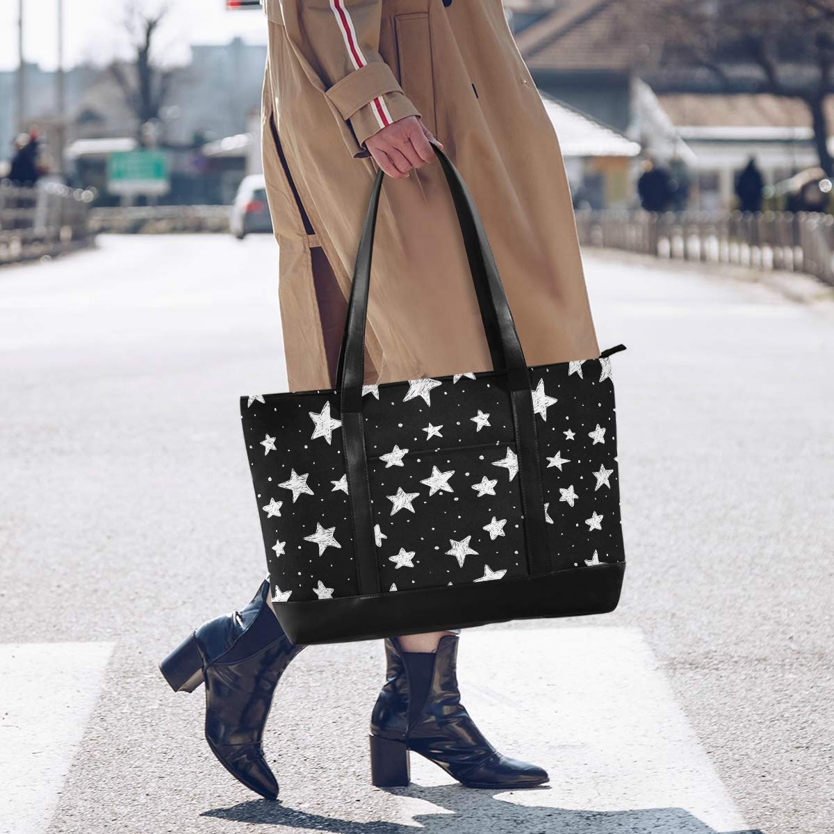 ALAZA Doodle Stars Black and White Laptop Tote Bag for Women - Lightweight Canvas Leather Shoulder Bag Fits 15.6 Inch Laptop - Perfect for Work, School, and Travel