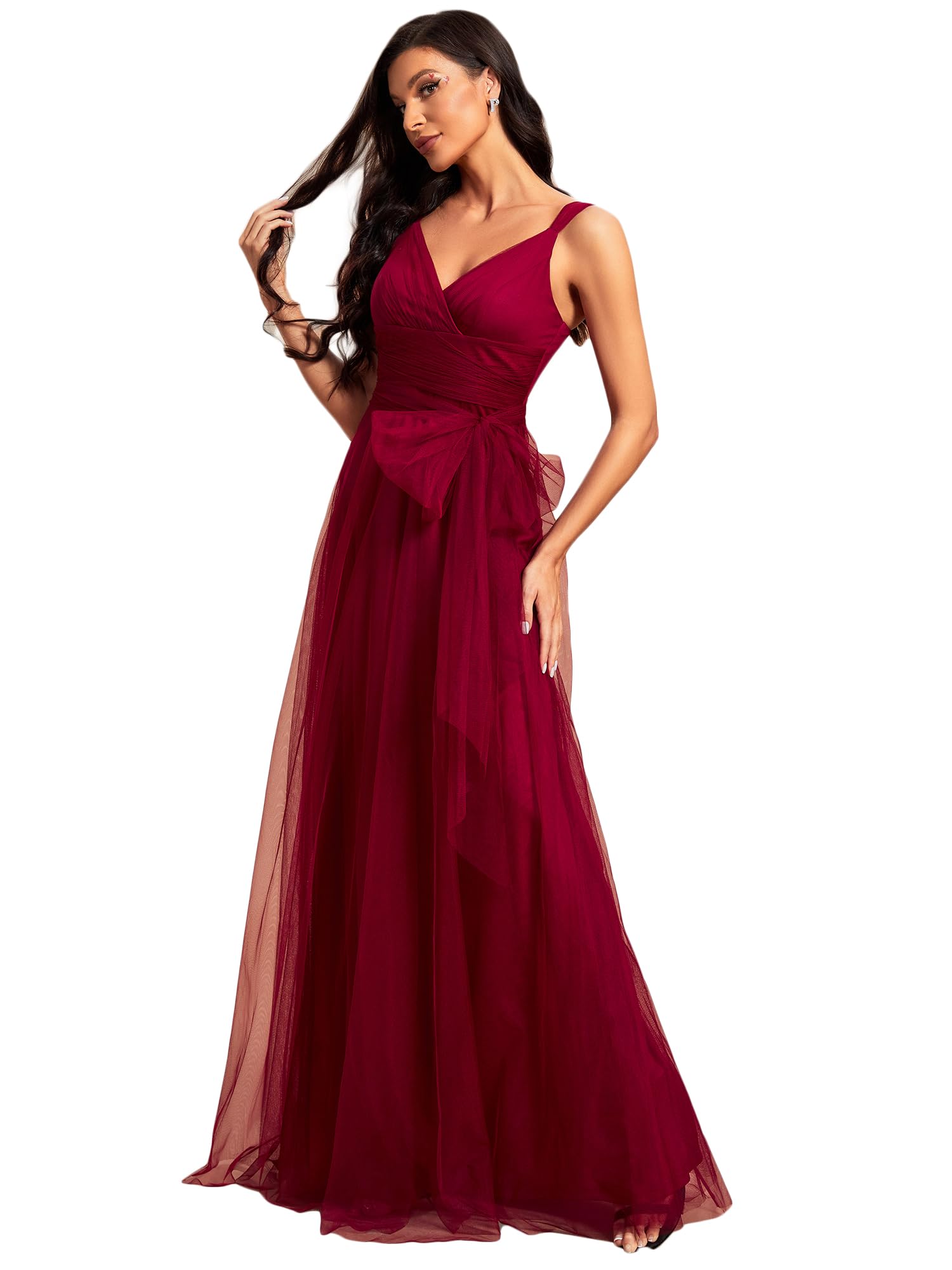 Ever-Pretty Women's Elegant V-Neck Sash Waist A-Line Maxi Tulle Wrap Dress - Formal Bridesmaid Dresses 07303 (USA) | Perfect for Weddings, Proms, and Special Occasions