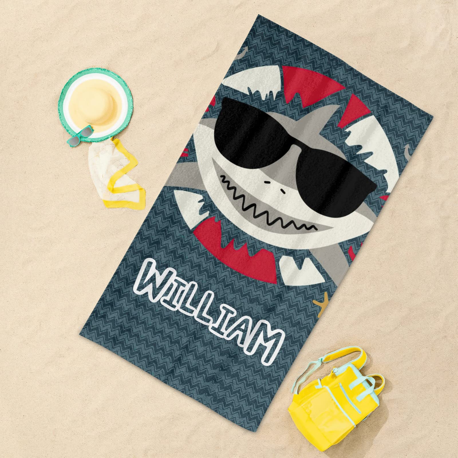 Custom Personalized Beach Towel - Soft Quick-Dry Bath Towel Blanket for Swimming, Sunbathing - Shark & Anchor Design for Kids, Men, Women - Perfect for Pool, Beach Vacation & Summer Outings