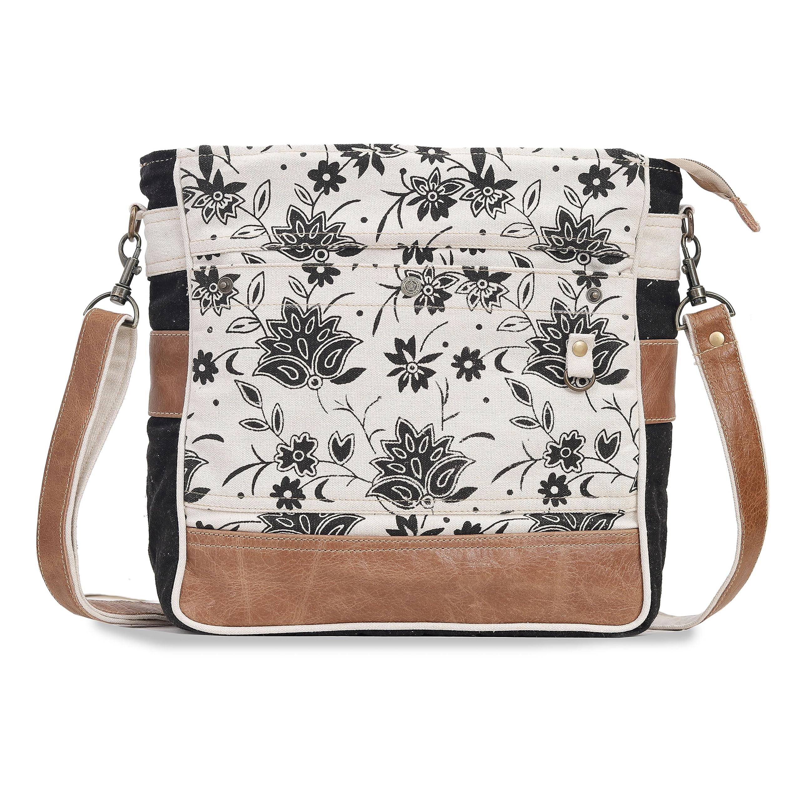 Upcycled Canvas & Leather Shoulder Bag for Women - CLA Bags SEL de MER Off-White Blossom Print Crossbody Purse | Eco-Friendly Fashion Accessory for Work, Travel & Everyday Use