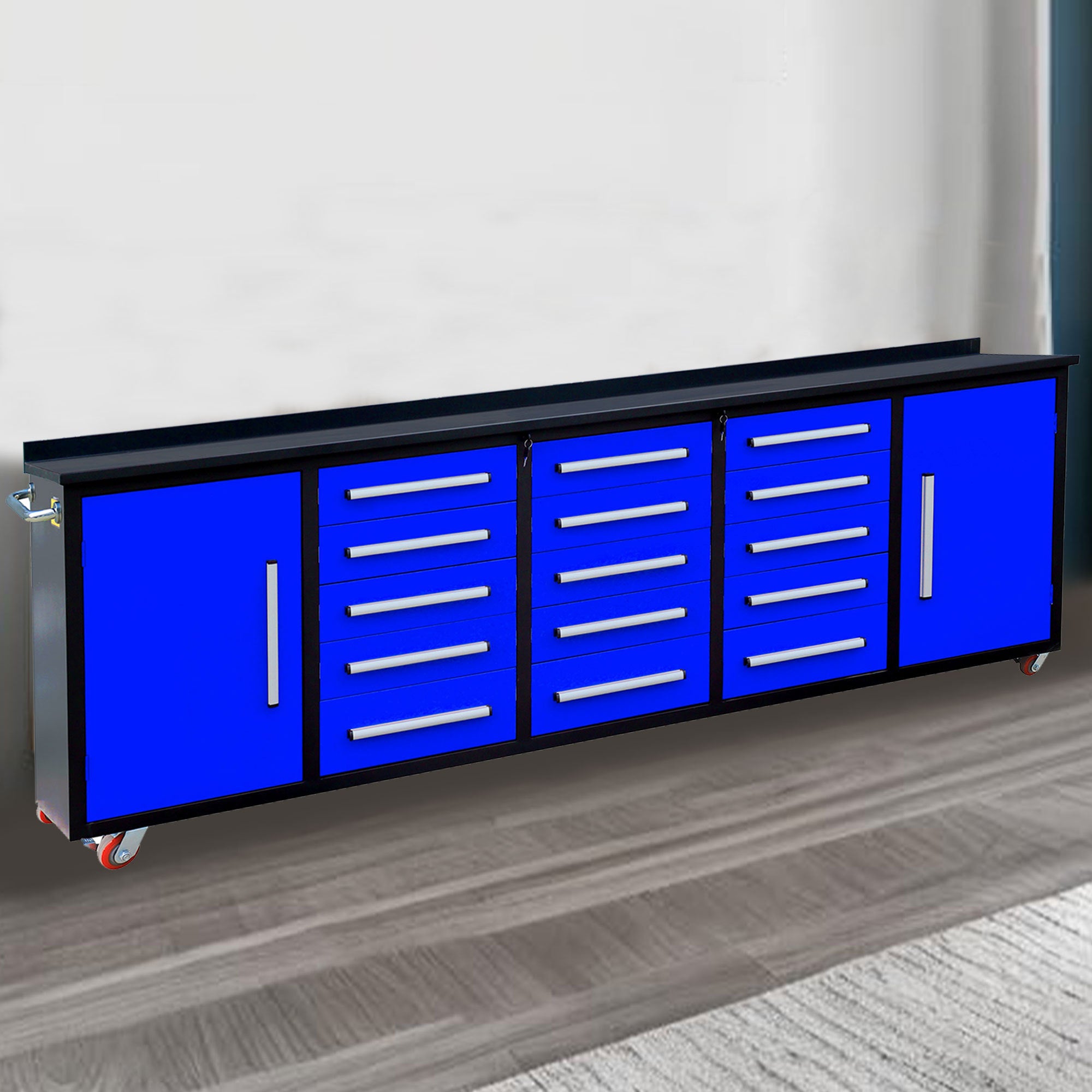 10ft Heavy Duty Storage Cabinet with Work Bench - 15 Drawers & 2 Cabinets, Blue - Perfect for Garage Organization, Workshop Storage & Home Office Furniture