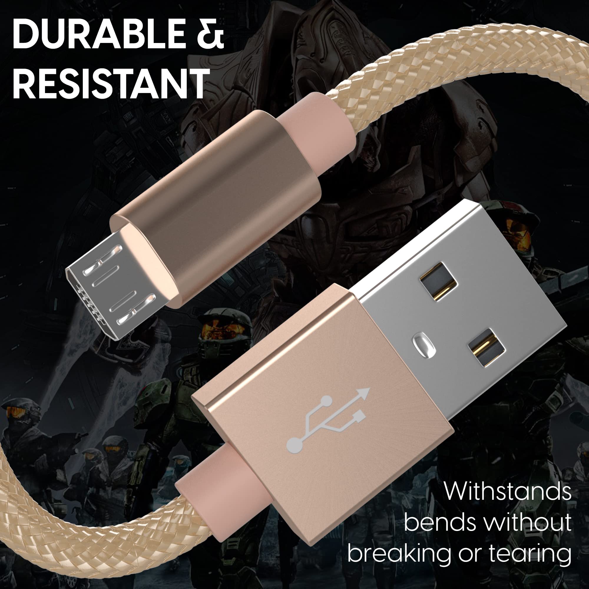 TalkWorks 6ft Nylon Braided Micro USB Charging Cable - Fast Charger Cord for PS4 Controller, Durable & Heavy Duty (Gold, 2-Pack) | Perfect for Gaming Sessions & Long Playtime