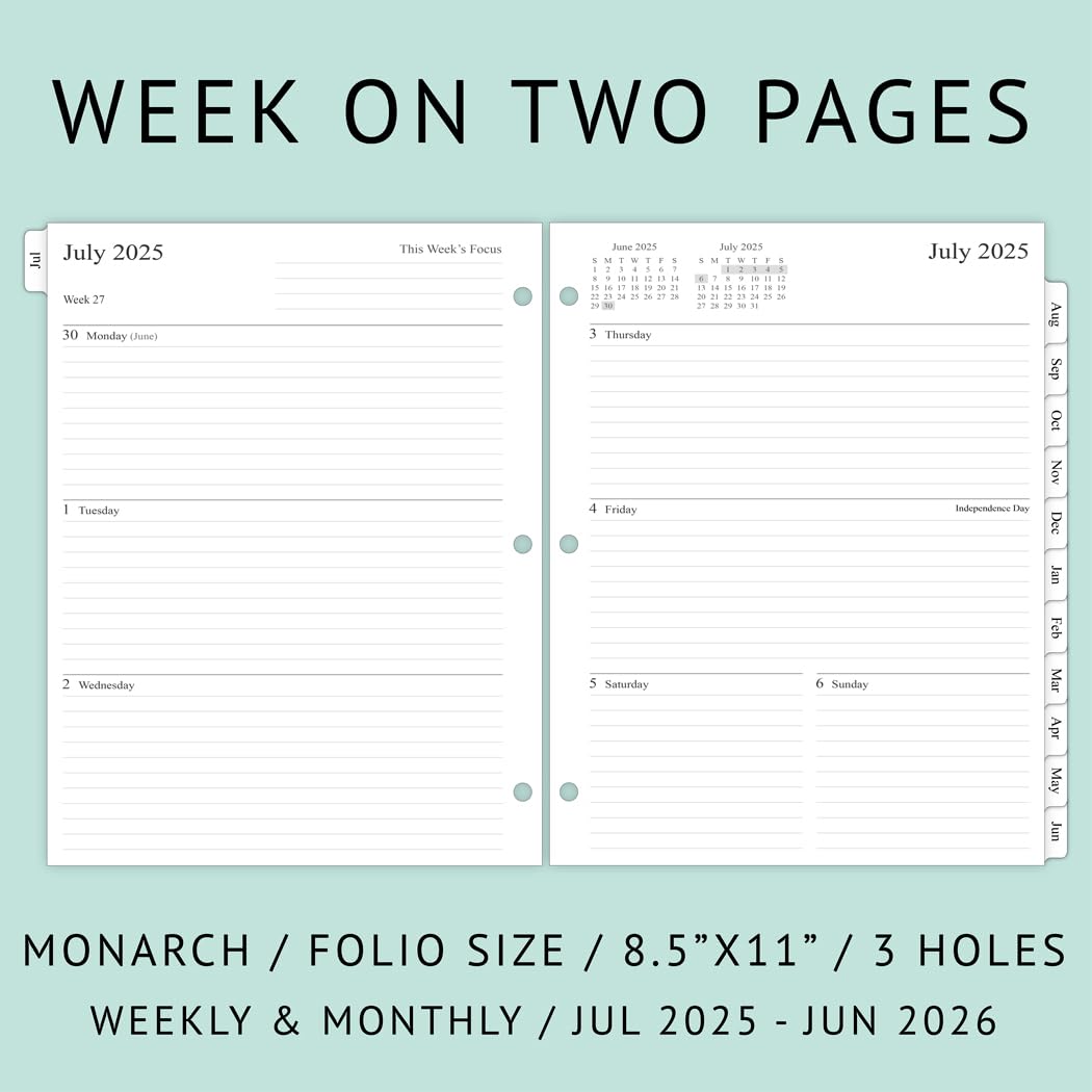Newestor 2025-2026 Weekly Planner Refill Pages for 3-Ring Binder - July 2025 to June 2026 Calendar with Monthly Tabs, 8.5