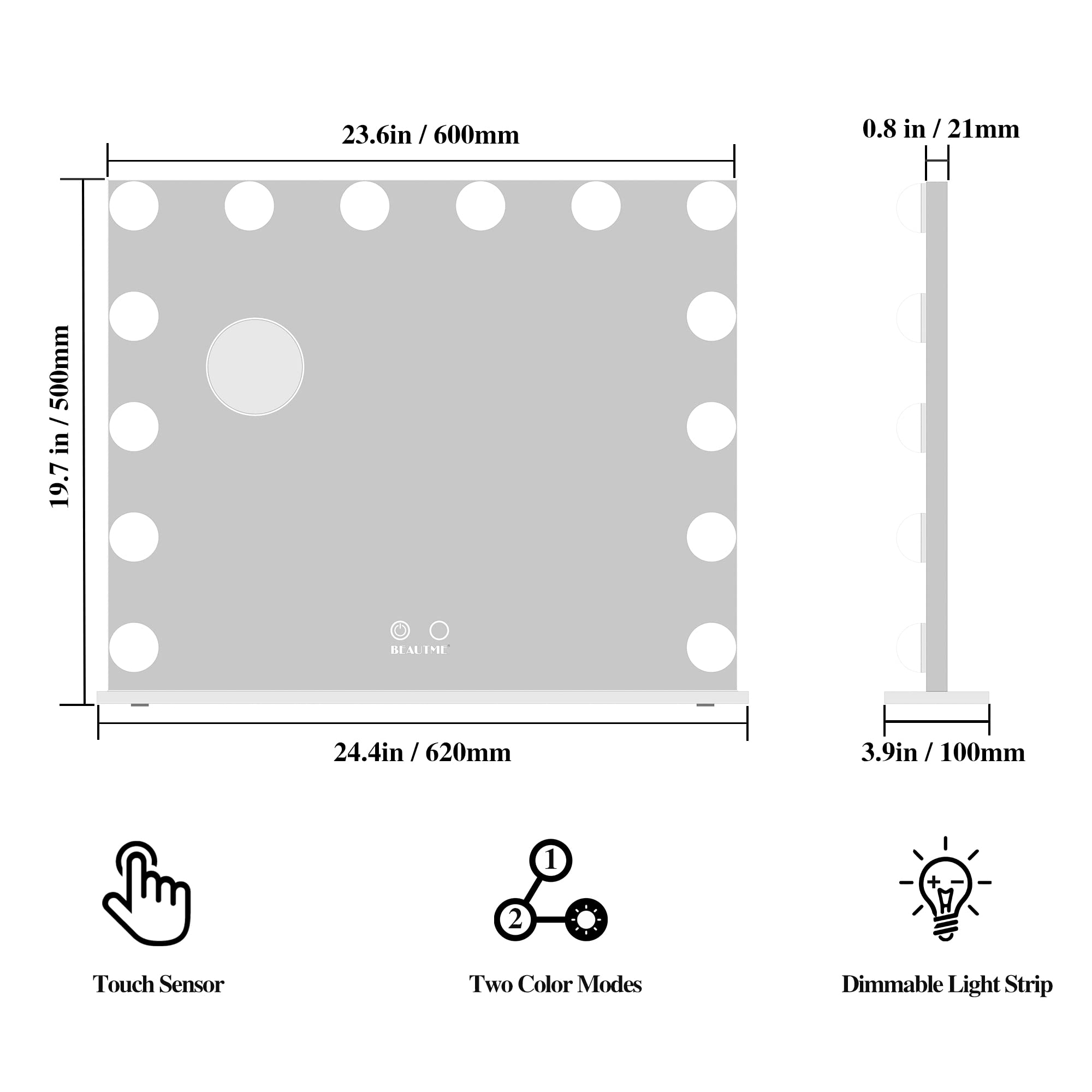 BEAUTME Hollywood Style Vanity Mirror with LED Lights - 24.4x19.7 Inch Tabletop/Wall Mounted Makeup Mirror, Detachable 10X Magnification for Precise Makeup Application - Perfect for Dressing Room, Bedroom & Bathroom Vanity (Silver)