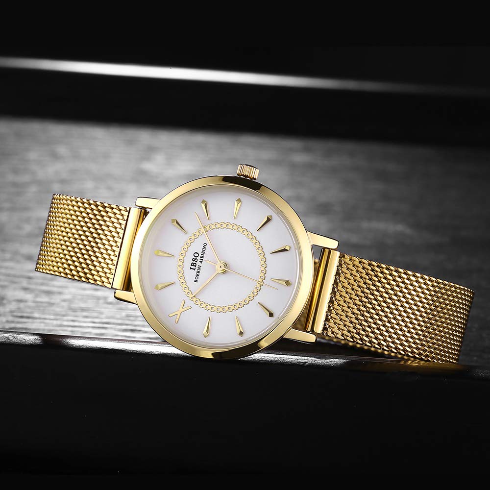 IBSO Women's Stainless Steel Mesh Band Watch - Gold Quartz Wristwatch with Waterproof Design for Everyday Wear & Fashion Accessories | Perfect for Office, Dating & Special Occasions