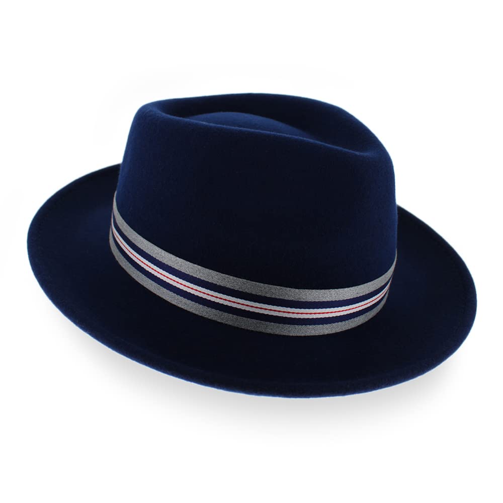 Crushable Wool Fedora Hat for Men - Stain Resistant, Navy Grey Stripe - Perfect for Outdoor & Casual Wear