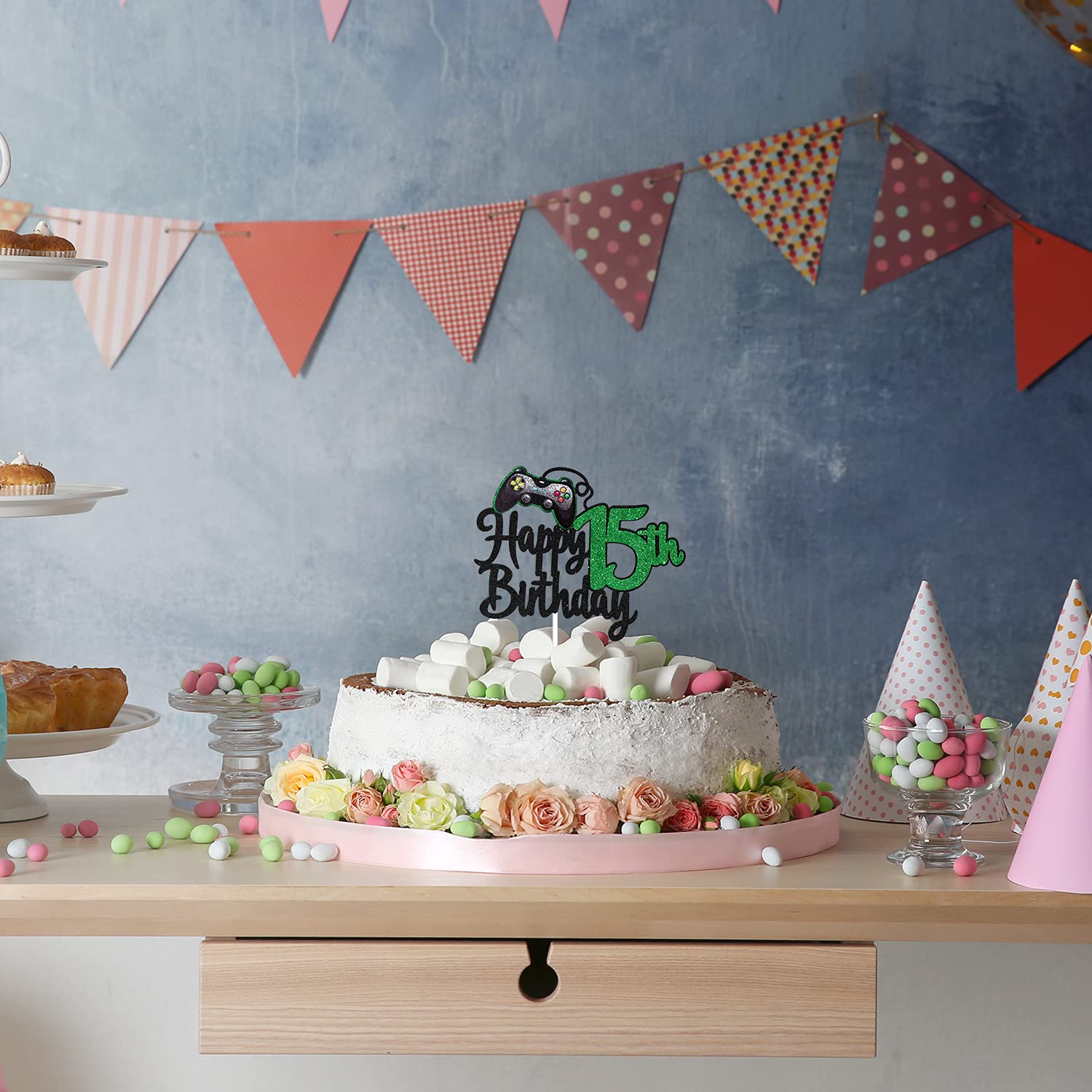 15th Birthday Cake Topper for Video Game Lovers - Game On Level Up Winner Party Decoration - Perfect for Boys' Gaming Birthday Party & Cake Decorations