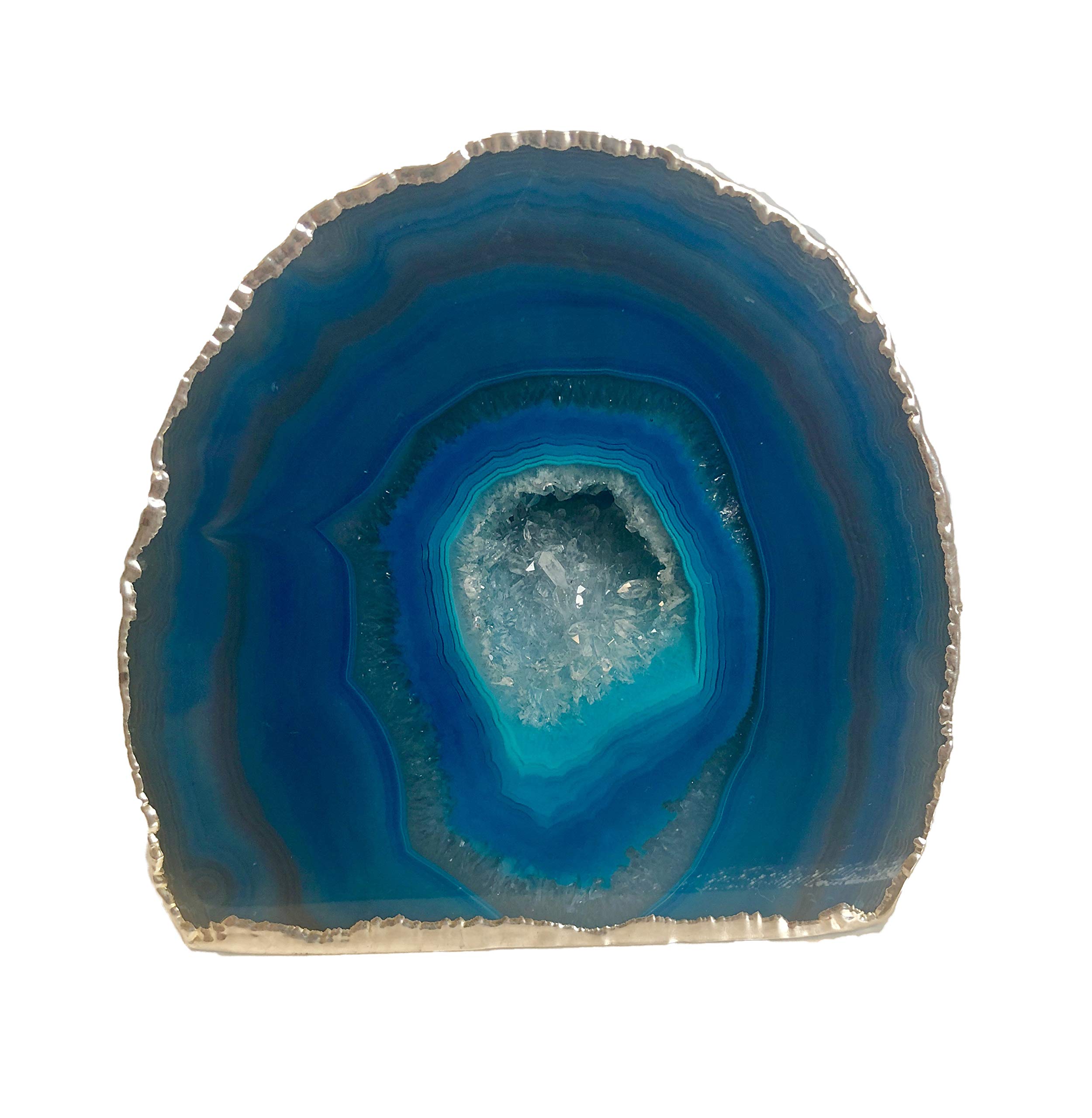 Premium Small Teal Agate Geode with Silver Trim - Natural Crystal Decor for Home, Office & Meditation | Nature's Decorations