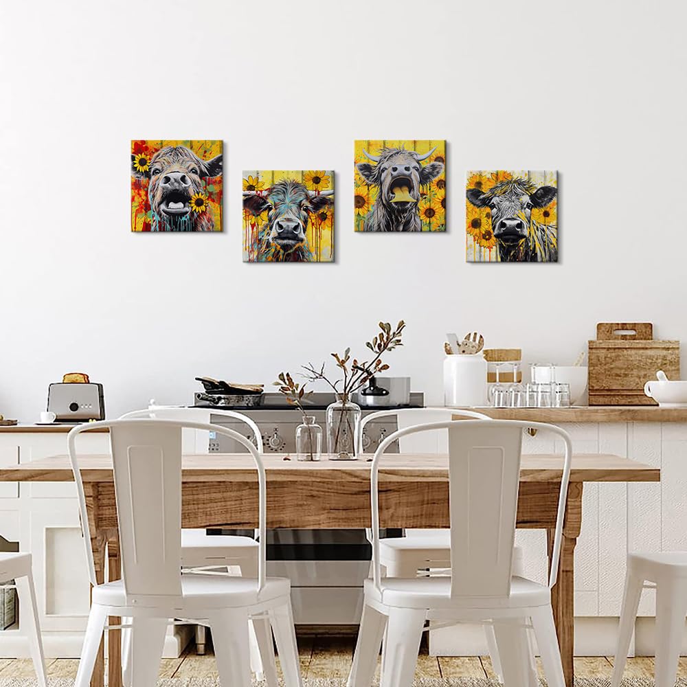 Highland Cow Wall Art - 4-Piece Farmhouse Decor for Living Room