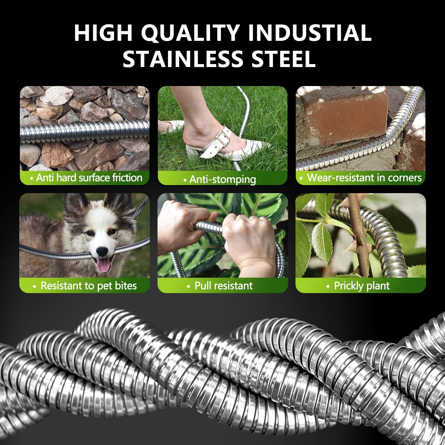 **Stainless Steel Garden Hose 6ft, 8ft, 12ft, 15ft, 30ft, 50ft - Heavy Duty Flexible Metal Water Hose with High Pressure Nozzle Sprayer - Perfect for Lawn, Garden, Car Washing & Outdoor Cleaning (8FT)**