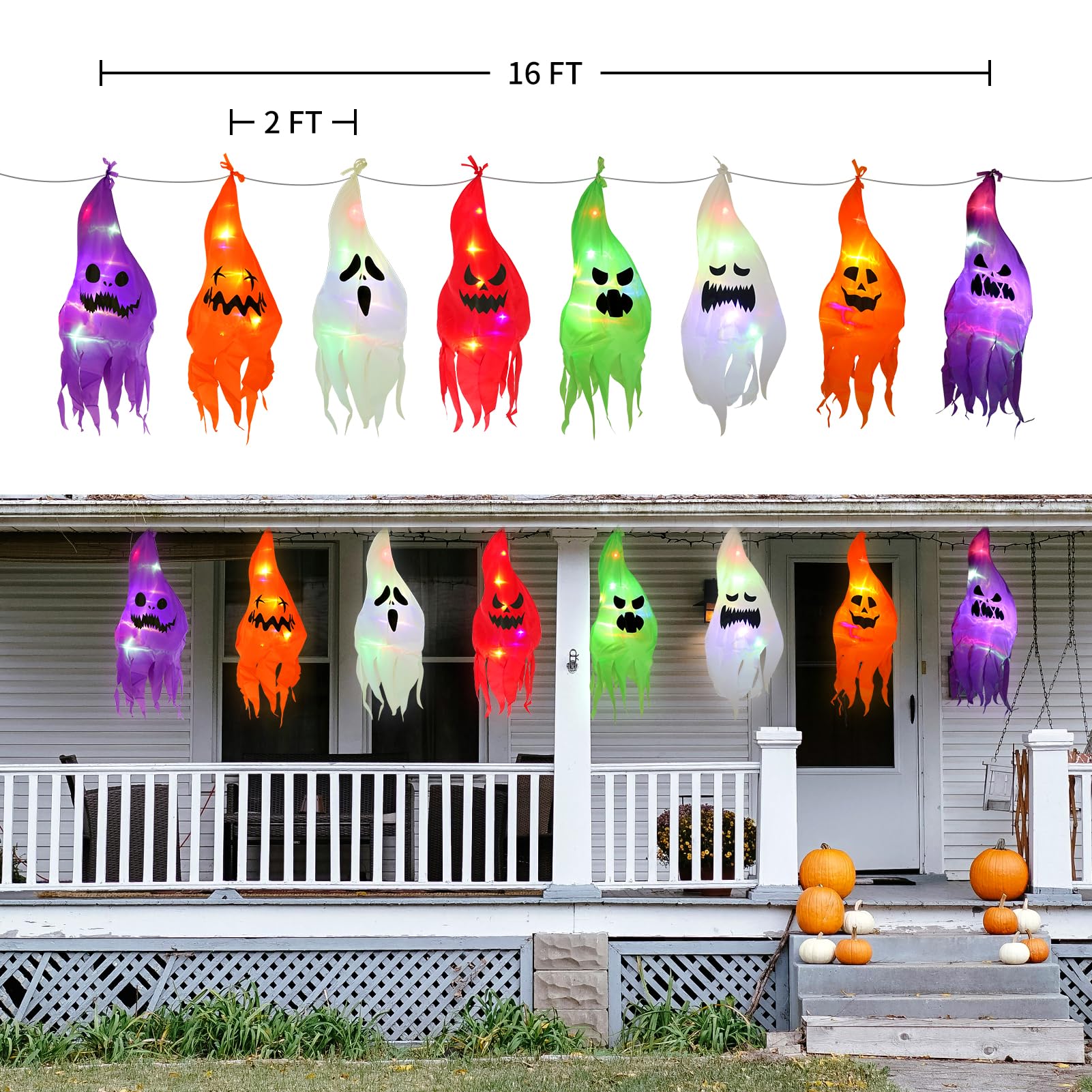 Halloween Hanging Ghost Lights - Outdoor Halloween Decorations with 8 Cute Lighted Ghosts for Front Yard, Patio, Lawn & Garden - Spooky Party & Home Decor