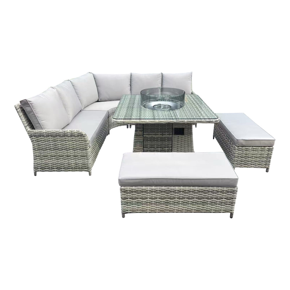 Almeria L-Shaped Rattan Patio Furniture Set with Square Fire Pit Table - Outdoor Garden, Backyard, Poolside Lounge Set for Relaxing & Entertaining