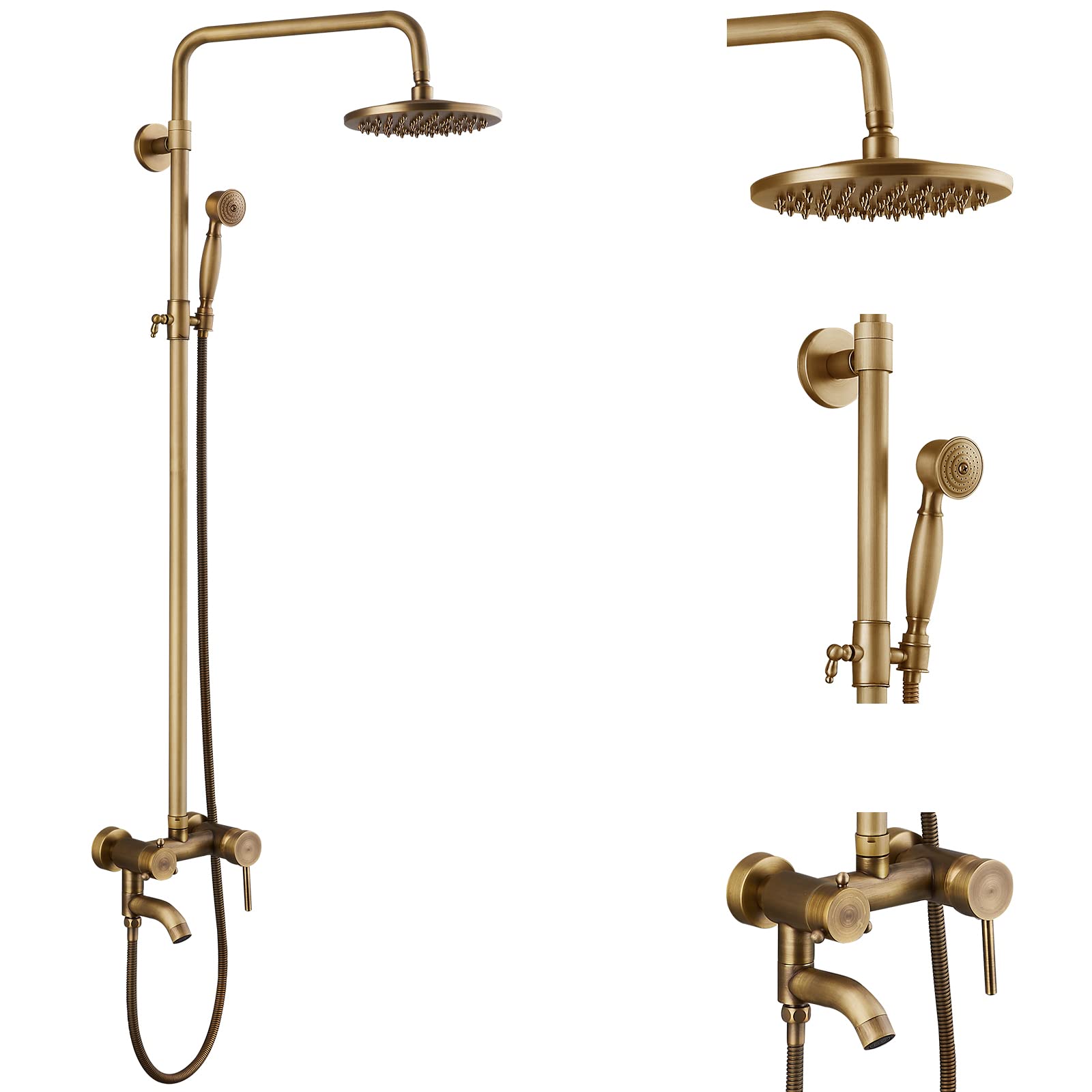 Vintage Antique Brass Shower Faucet Set - 8 Inch Rainfall Shower Head, Swivel Tub Spout & Handheld Spray - Triple Function Single Handle Mixer for Bathroom & Tub (Ideal for Vintage Style Bathroom Renovations)
