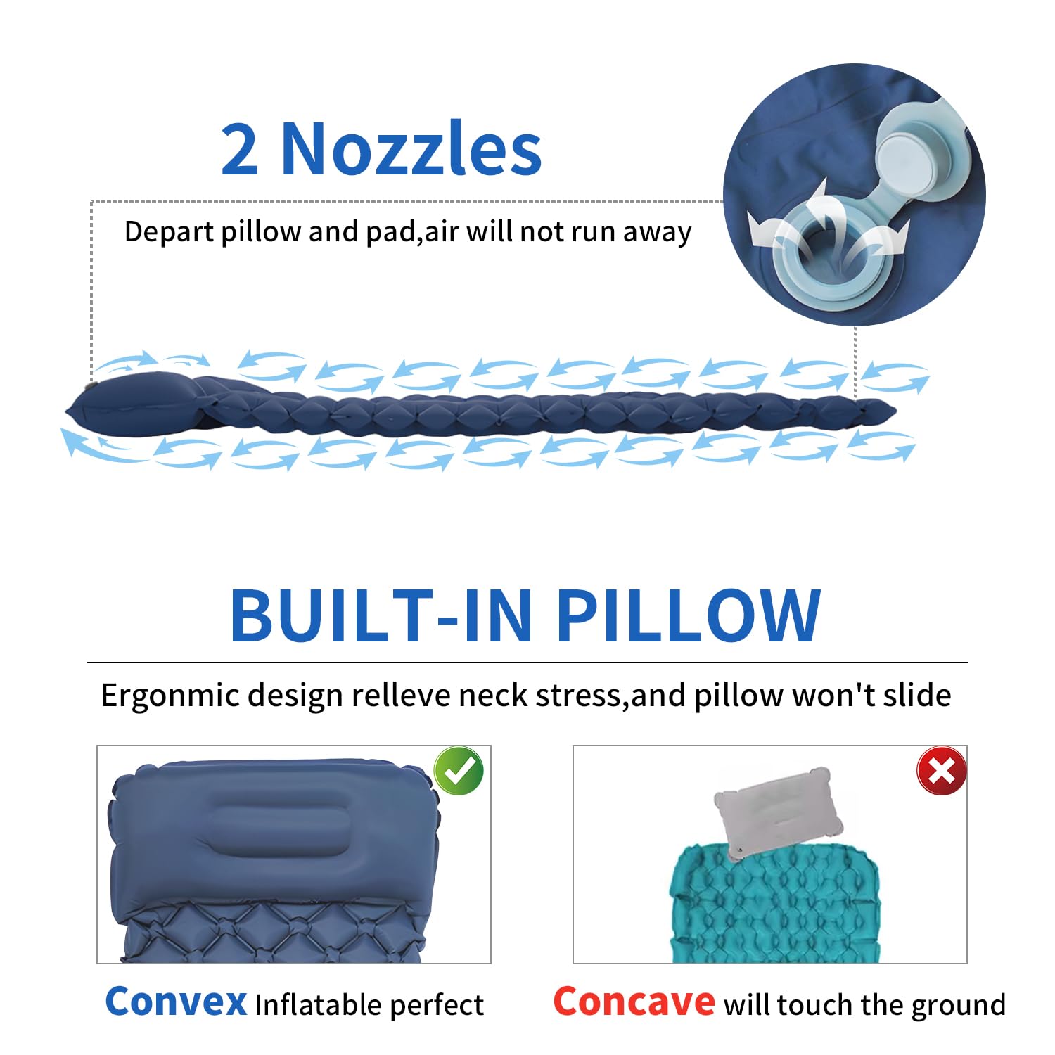 Ultra-Light Inflatable Camping Sleeping Pad with Built-in Foot Pump & Pillow - Portable Air Mattress for Backpacking, Hiking, Travel - Perfect for Outdoor Adventures - Dark Blue