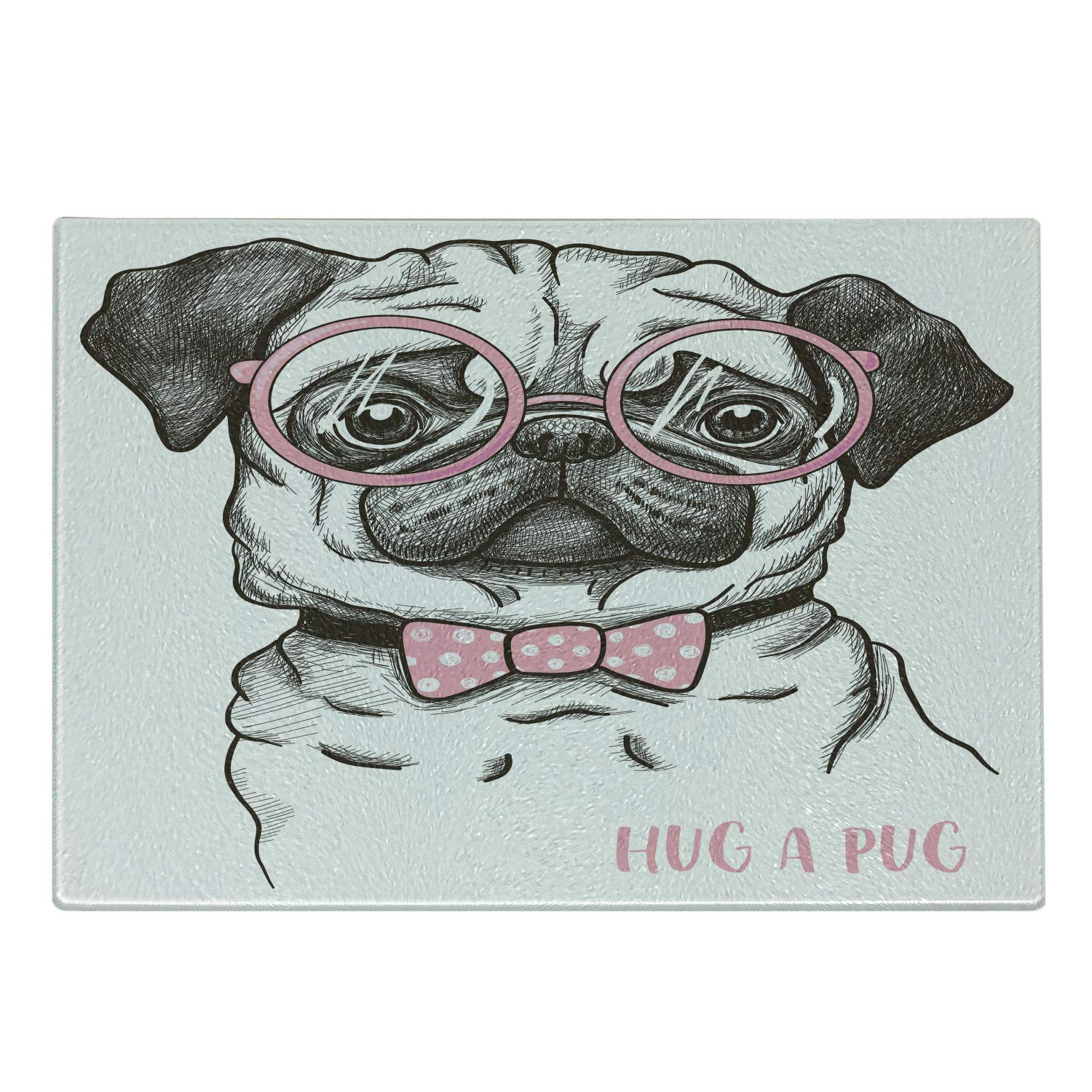 Ambesonne Pug Cutting Board - Cute Pet Dog with Pink Bow Tie & Oversized Glasses - Hand Drawn Tempered Glass Serving Board - Small Size (Brown, Pale Pink, White) - Perfect for Kitchen Decor, Cheese Platters & Gift Giving
