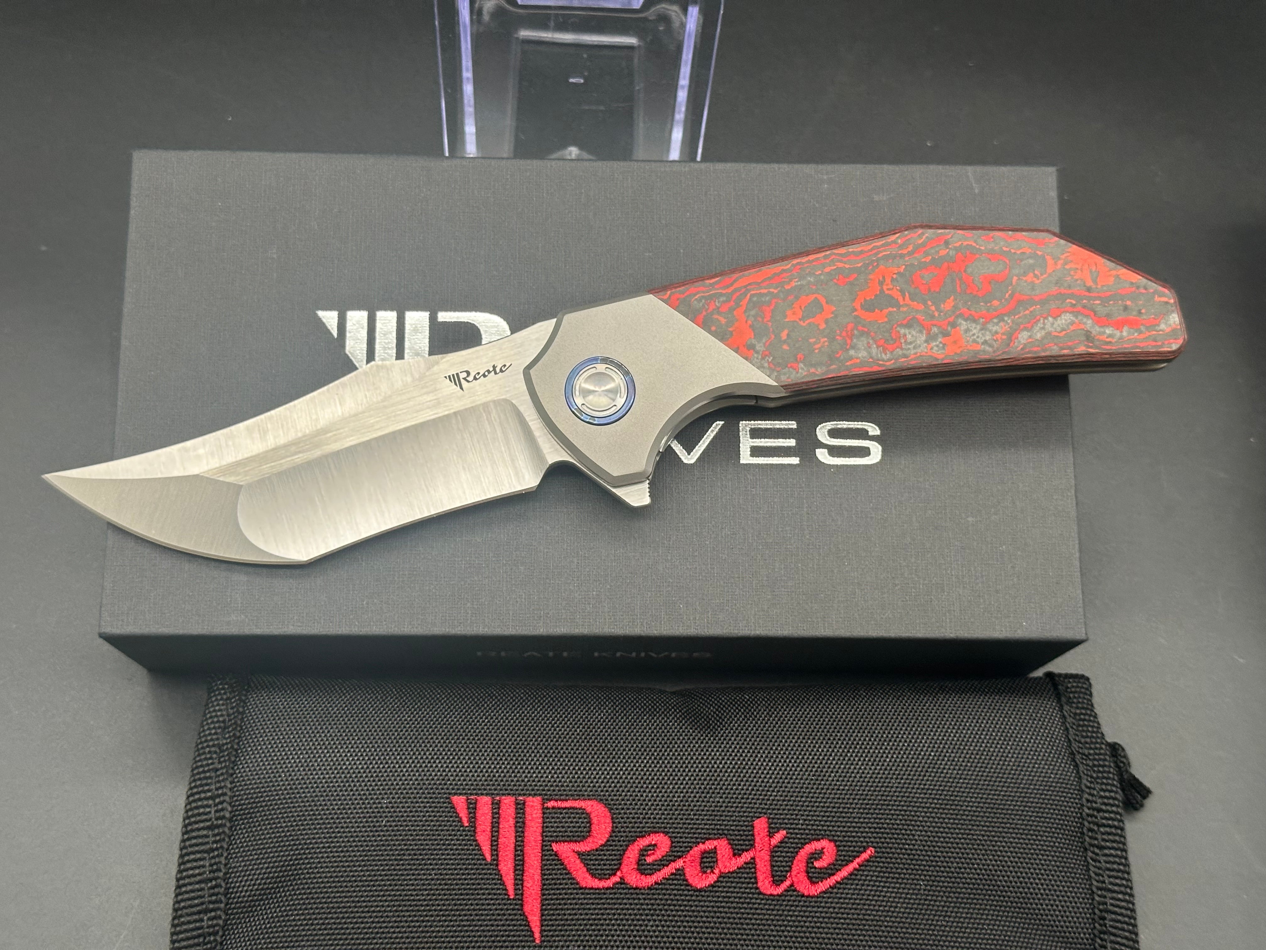 REATE KNIVES TIGER LAVA FLOW Folding Pocket Knife - M390 Steel Plain Edge Blade, Fat Carbon Fiber Handle, Belt Satin Finish | EDC, Outdoor Survival, Camping, Hunting Gear