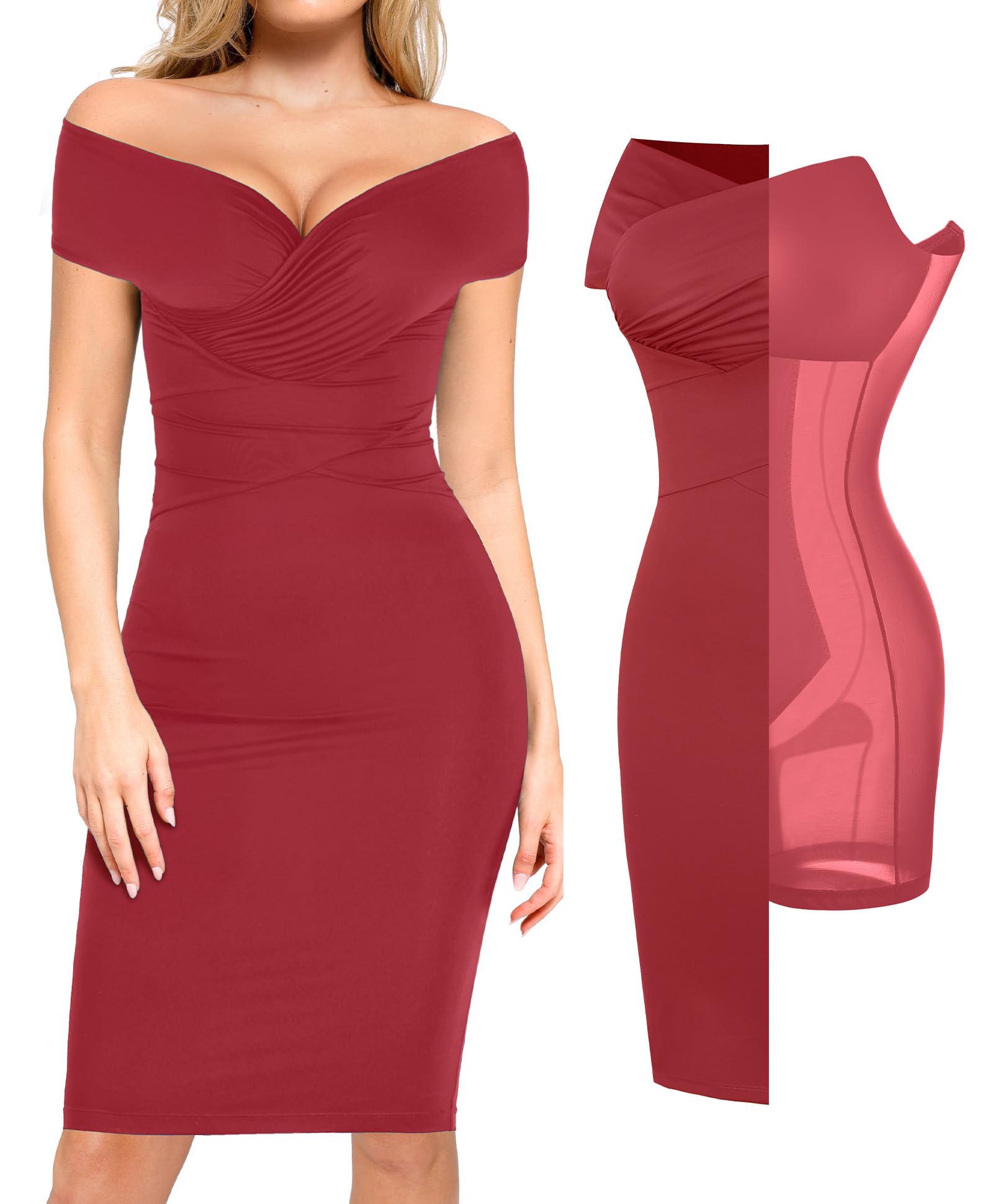 Popilush Women's Off Shoulder Cocktail Dress with Tummy Control Shapewear - Wrap V-Neck Midi Dress for Wedding Guest, Party & Formal Occasions