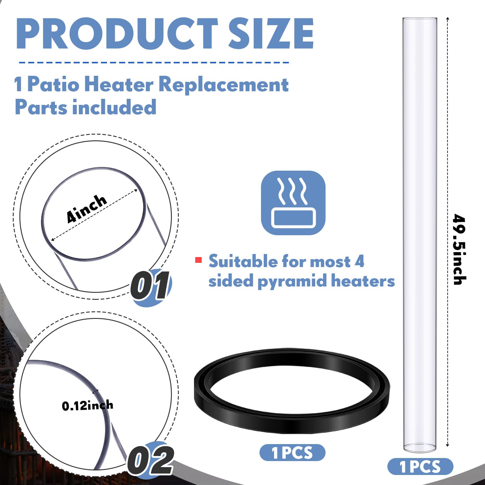 VIHOSE 49.5 x 4 Inch Quartz Glass Tube with Silicone Ring - Replacement Heating Tube for Outdoor Patio Heaters - Durable Clear Glass Accessory for Backyard, Deck & Garden Heating (1 Piece)