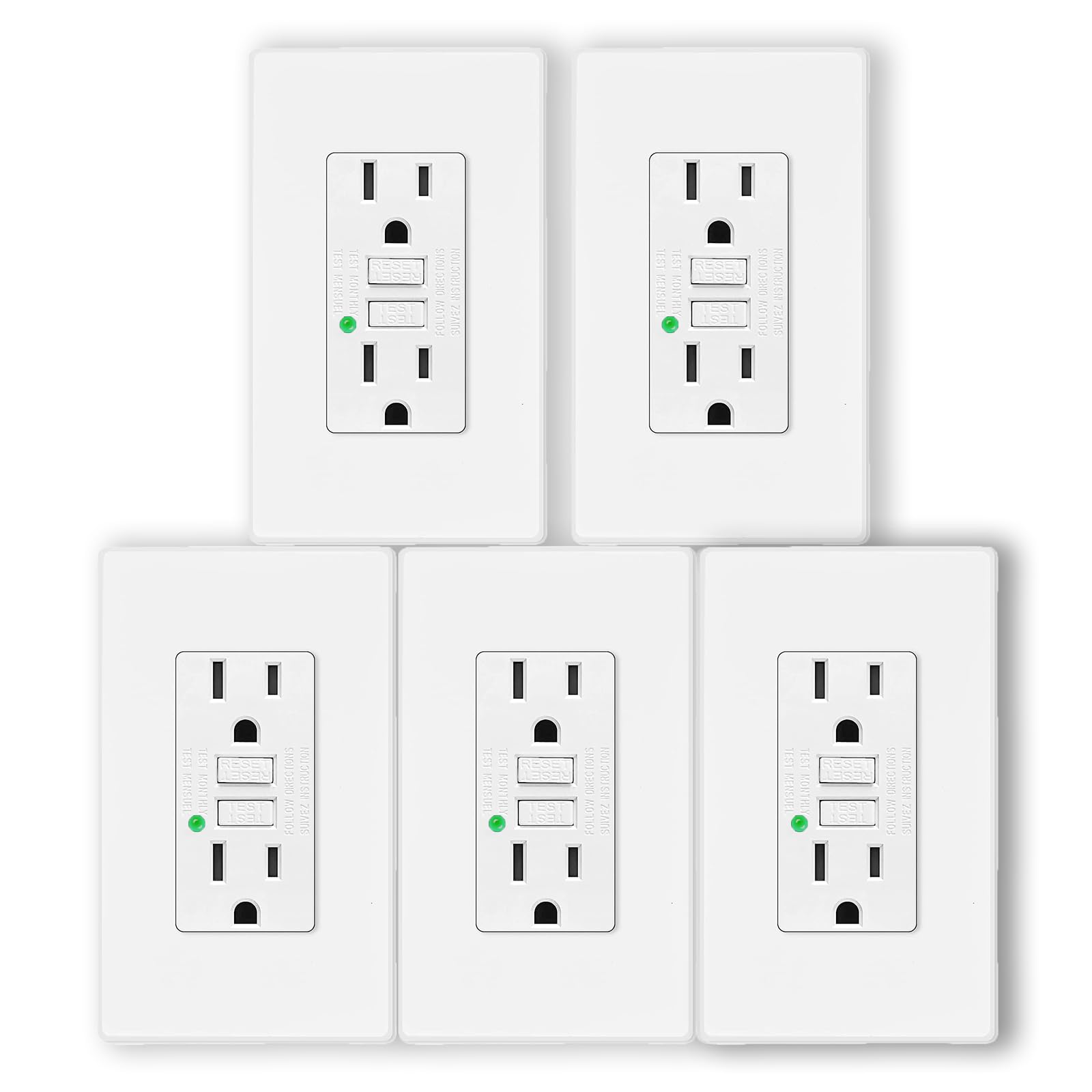 15A GFCI Outlet with LED Indicator - 5 Pack (Includes Wall Plate & Screws) - Leakage Protection for Indoor/Outdoor Use - ETL Listed White Electrical Outlet - Perfect for Bathrooms, Kitchens, Garages and Outdoor Areas