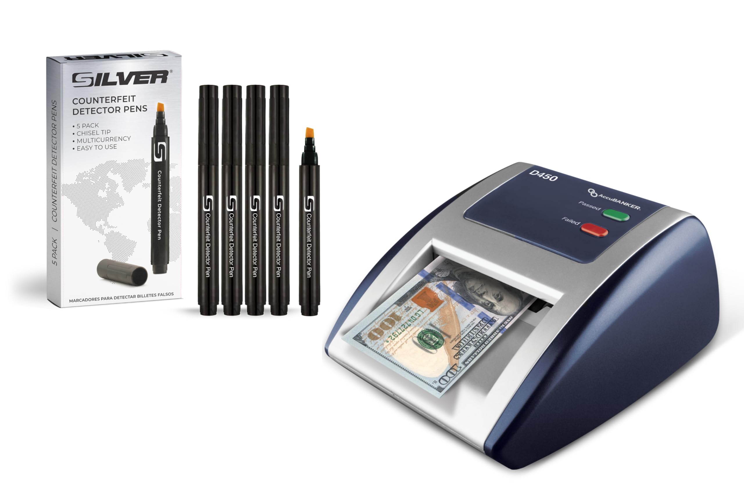 AccuBANKER D450 Professional Counterfeit Money Detector Machine - Magnetic, Infrared, Watermark & Micro-Printing Detection with 5-Pack UV Counterfeit Bill Detector Pens Bundle - Ideal for Banks, Retail Stores & Cash Businesses