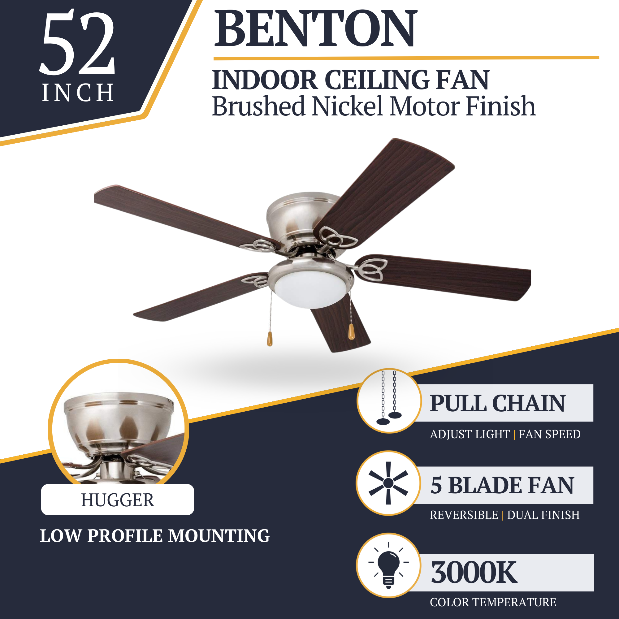 52 Inch Benton Brushed Nickel Ceiling Fan with Pull Chain - Perfect for Living Room, Bedroom, and Outdoor Patio Cooling