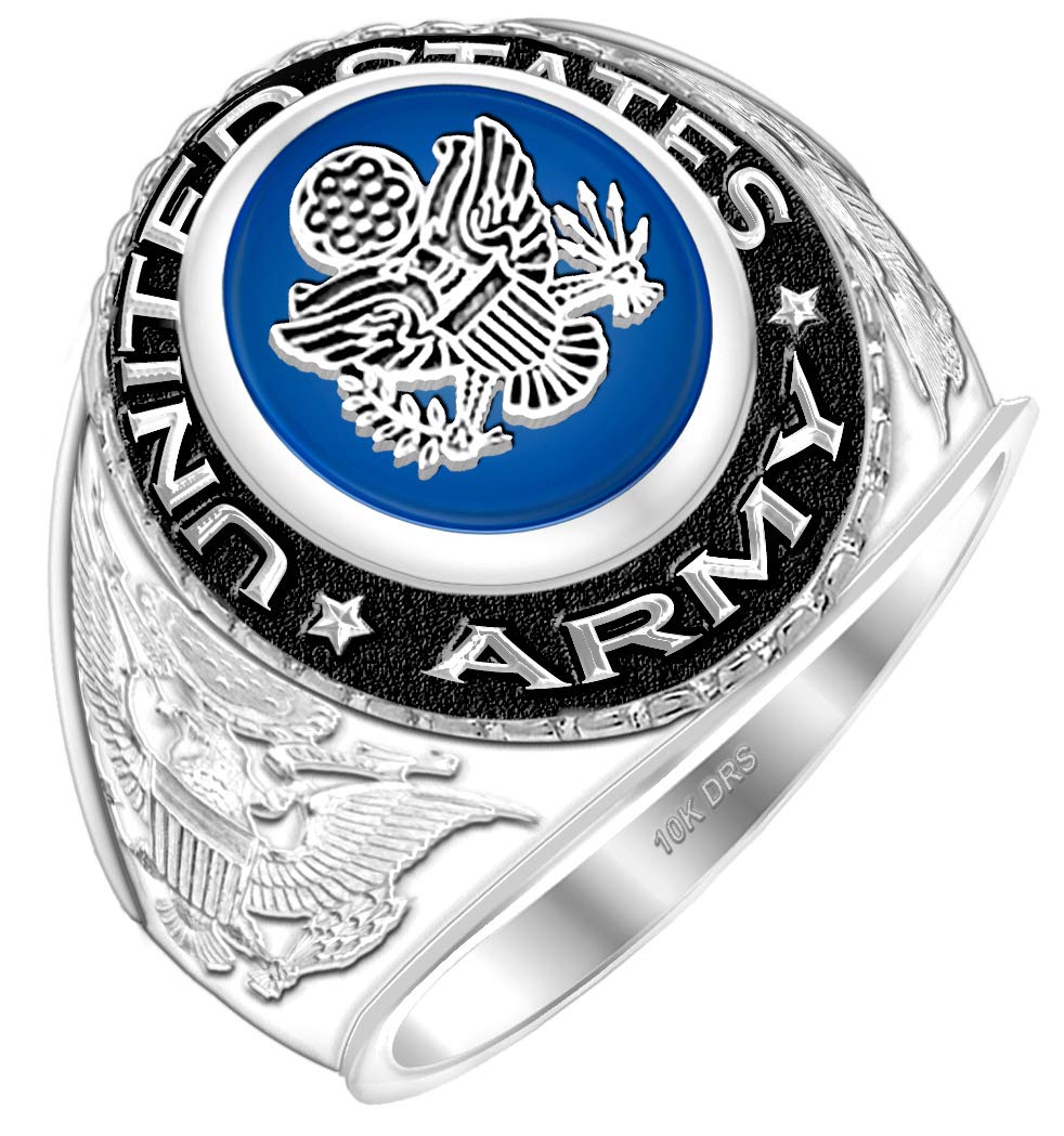 Customizable 10k Yellow or White Gold US Army Military Solid Back Ring for Men - Medium Size - Perfect for Veterans, Military Enthusiasts & Patriotic Gifts