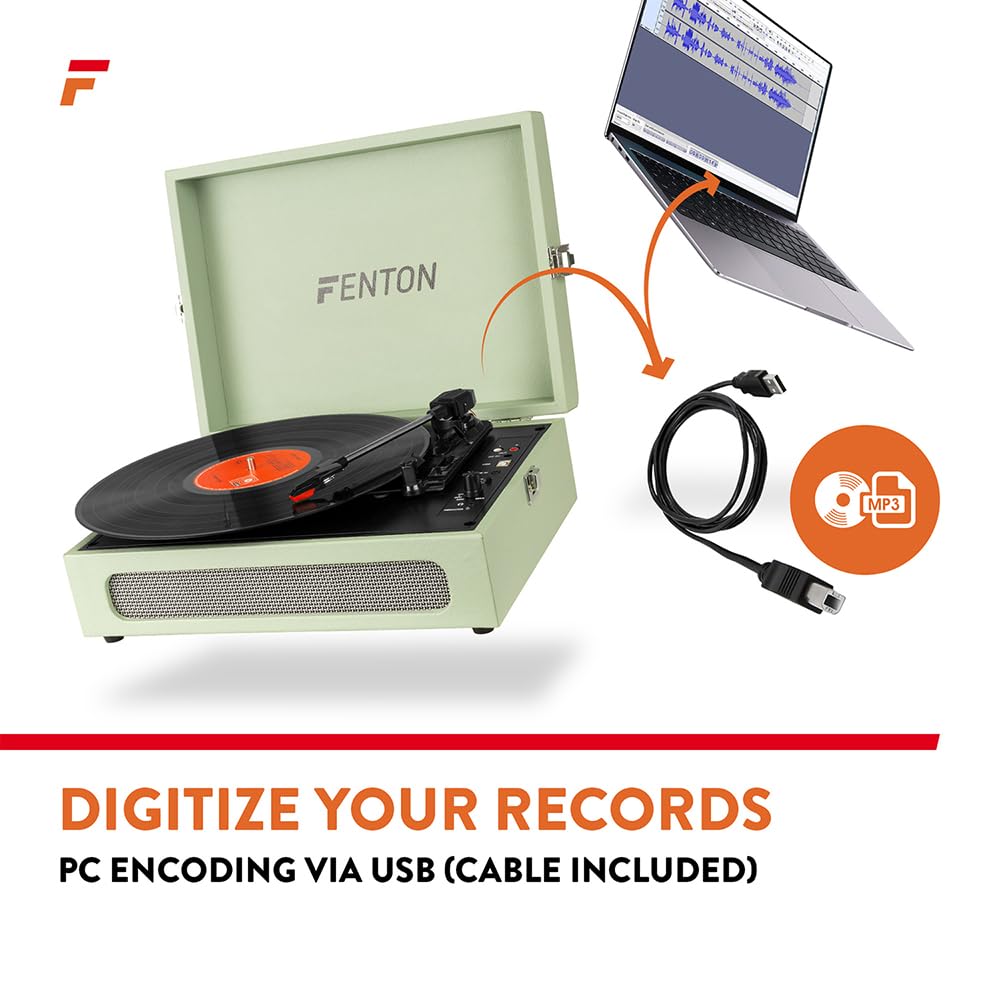 Fenton RP118C Green Briefcase Record Player with Bluetooth, SHF404B 4