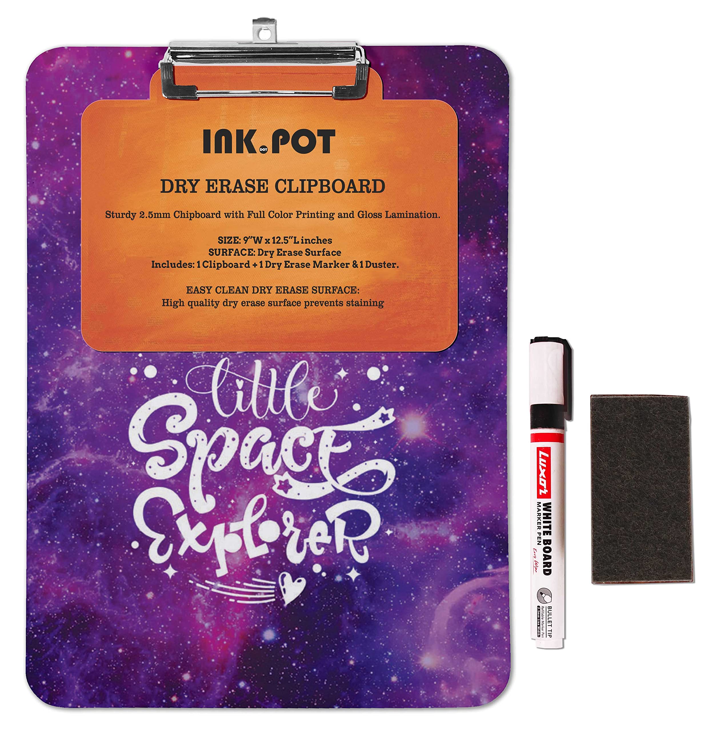 Double Sided Dry Erase Clipboard 9x12.5 - Letter Size with Free Marker & Duster for Office & School Use