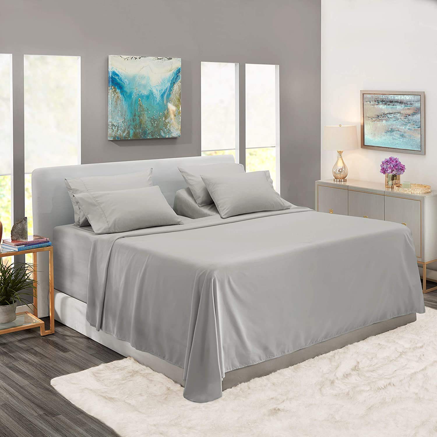 Split King Sheet Set - 1800 Ultra-Soft Microfiber Bedding with Deep Pockets - 7 Piece Set Includes Fitted Sheet, Flat Sheet & Pillowcases - Light Grey - Perfect for Adjustable Beds, Couples & Guest Rooms