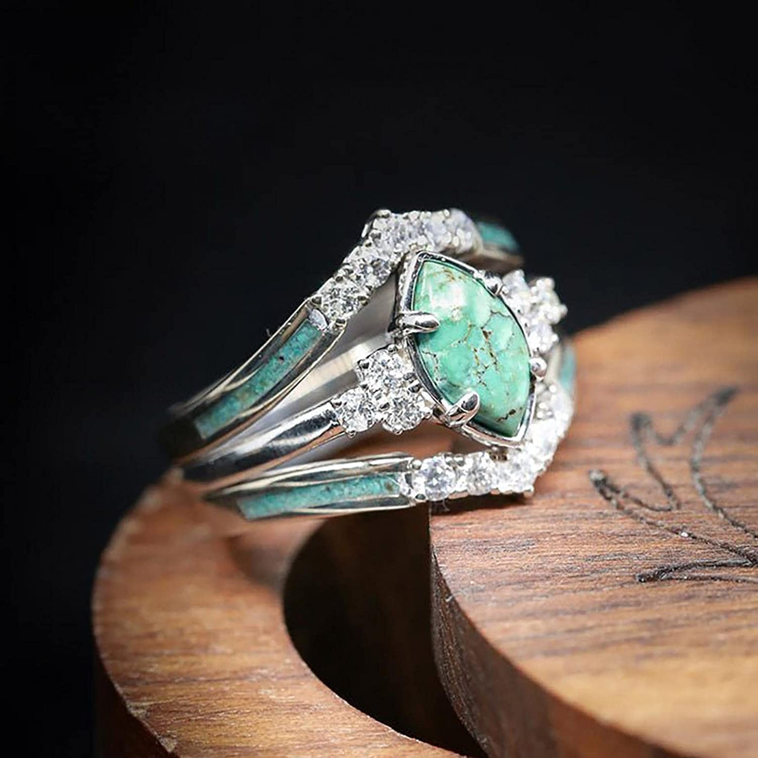 Natural Turquoise & Diamond Sterling Silver Ring Set - 3 Piece Fashion Jewelry for Women | Elegant Gift for Her, Perfect for Weddings, Parties & Everyday Wear