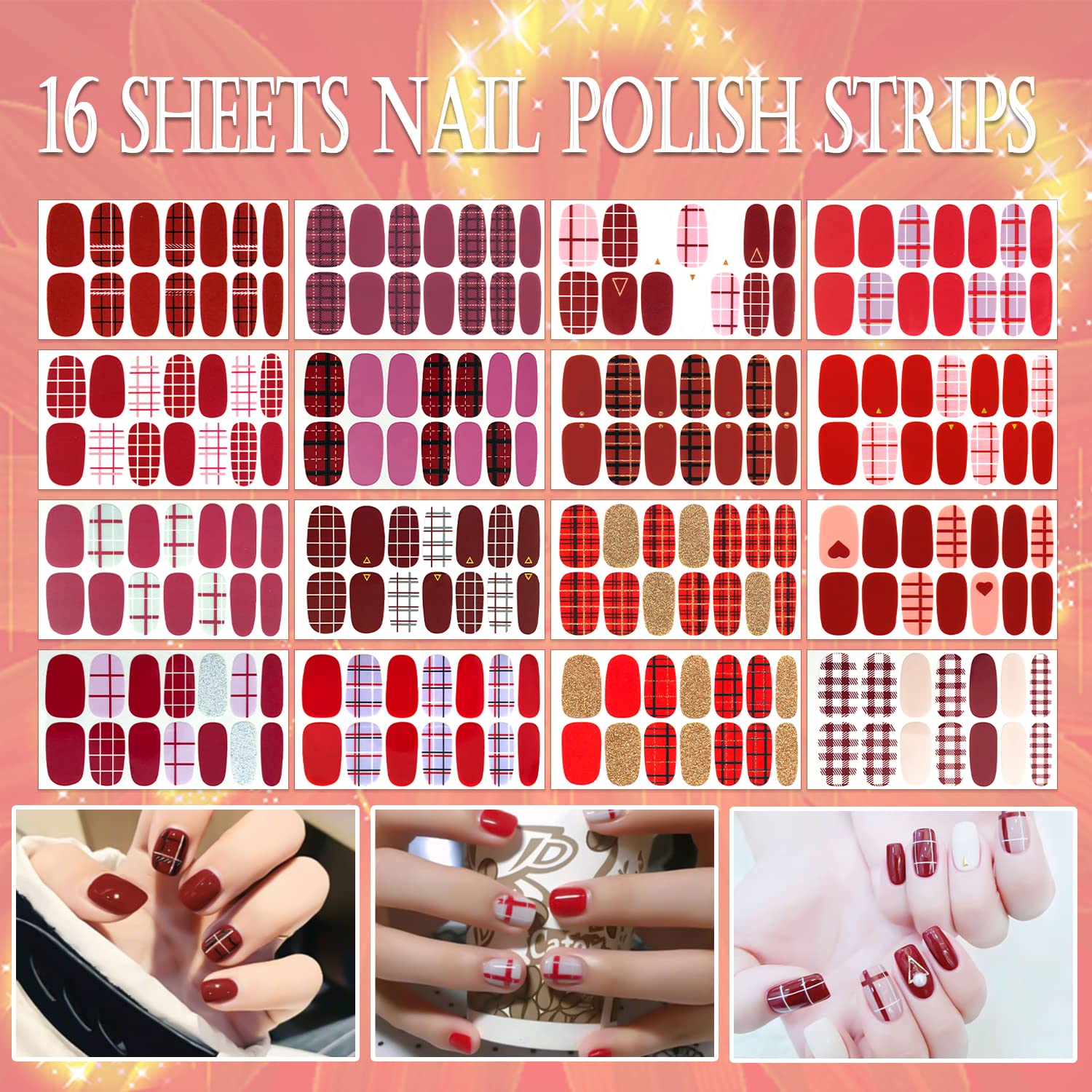 16 Sheets Red Plaid Nail Polish Strips for Women - Self-Adhesive Nail Wraps, Gel Nail Stickers with Nail File - Perfect for DIY Manicures at Home, Parties & Special Occasions