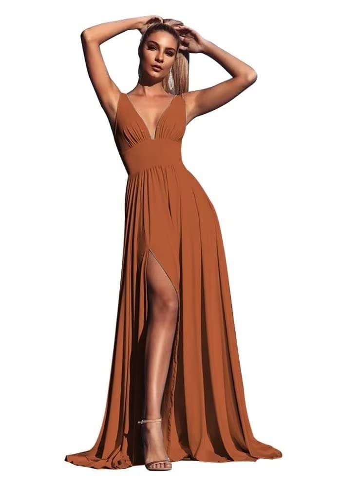 Elegant V-Neck Satin Bridesmaid Dresses for Wedding - Long A-Line Formal Gowns with Side Slit for Prom & Special Occasions | Perfect for Bridal Parties, Evening Galas & Cocktail Events